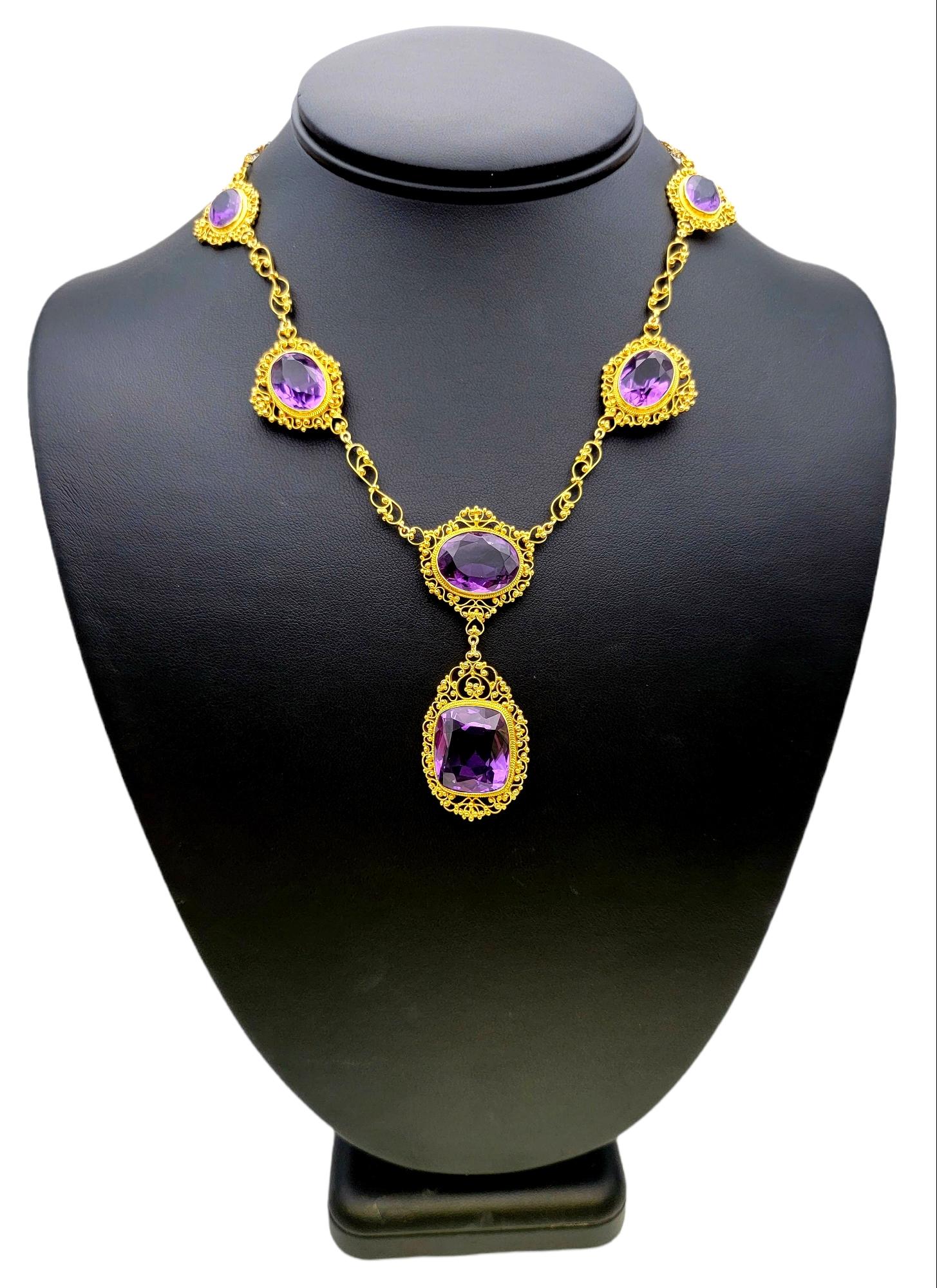 48.48 Carat Cushion and Oval Cut Amethyst Station Drop Necklace in 21 Karat Gold 2