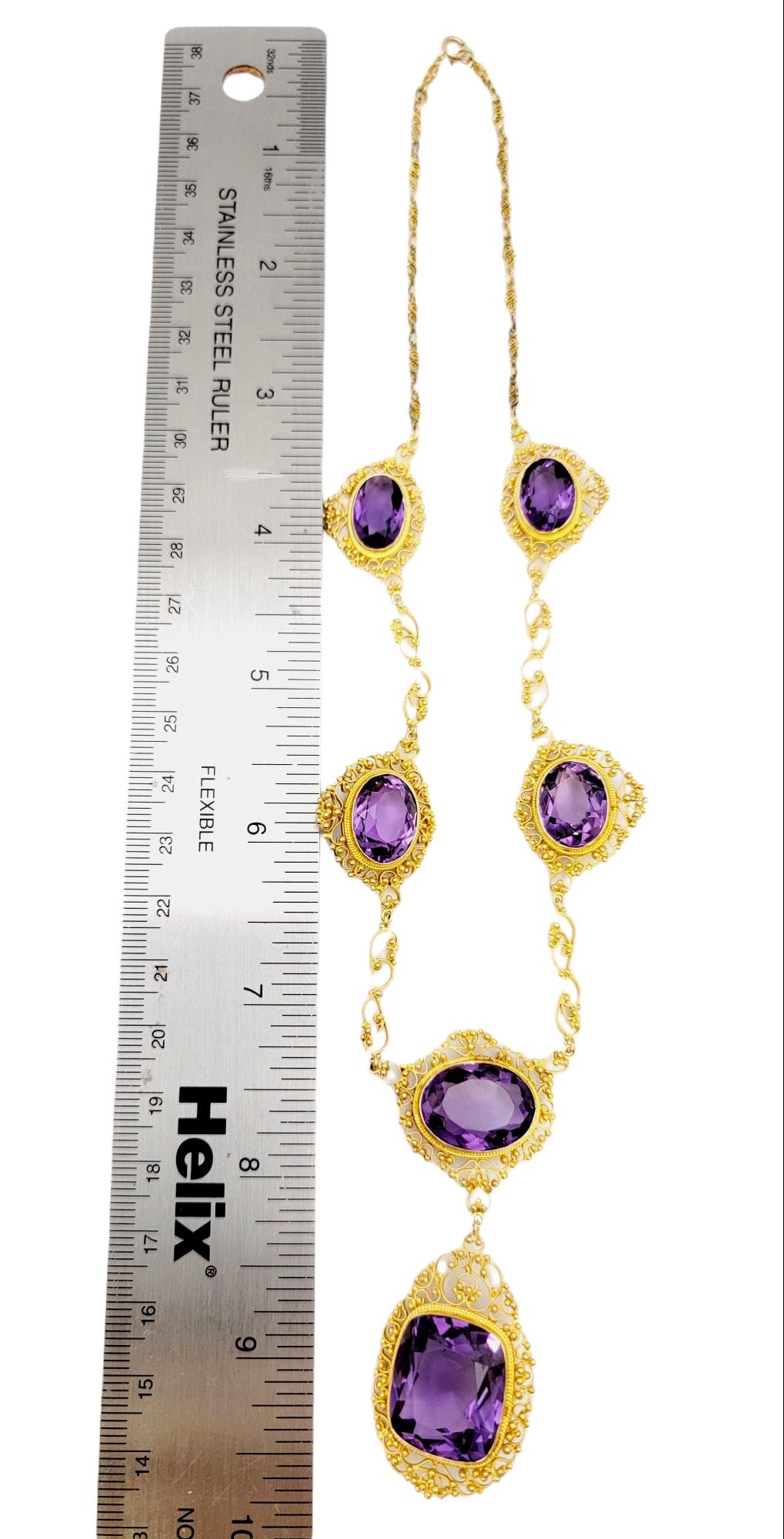 48.48 Carat Cushion and Oval Cut Amethyst Station Drop Necklace in 21 Karat Gold 3