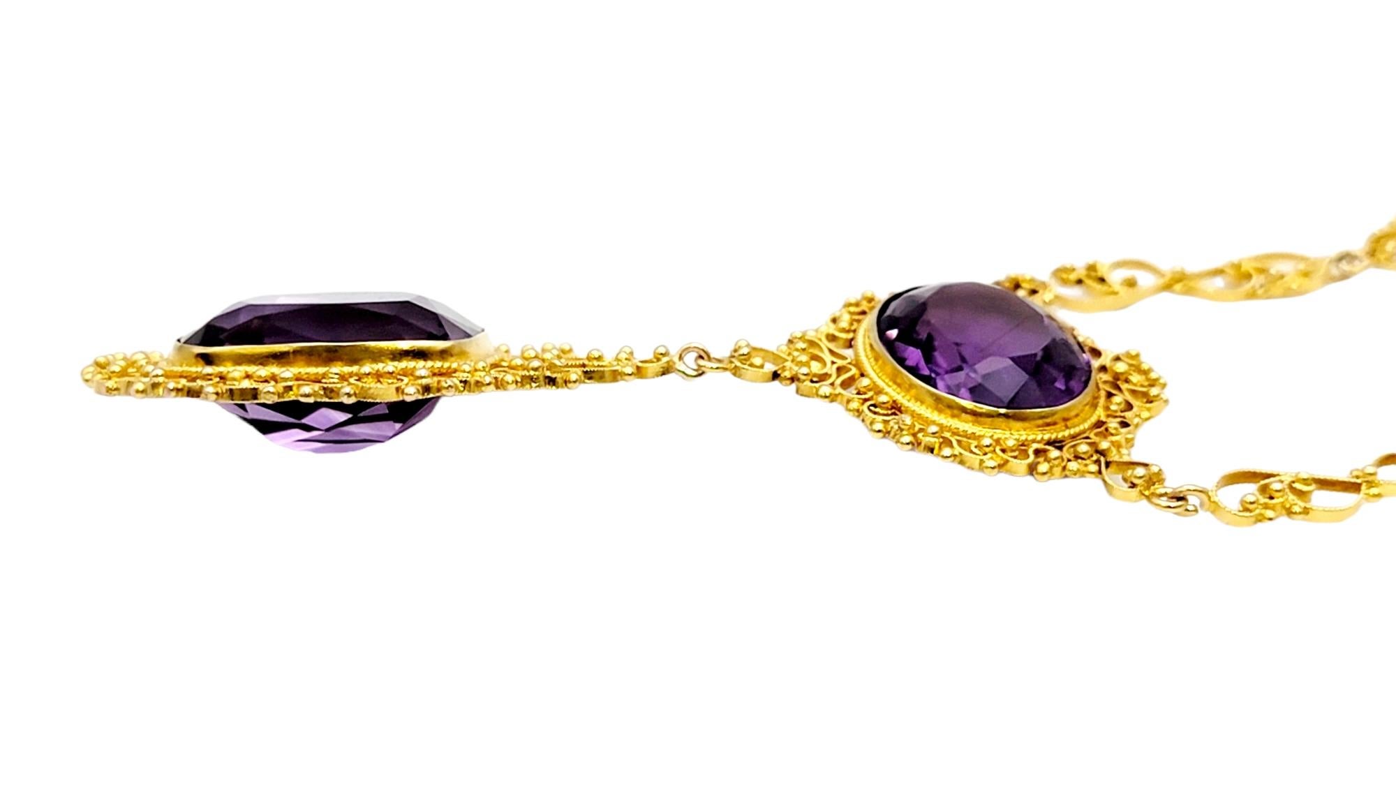 Victorian 48.48 Carat Cushion and Oval Cut Amethyst Station Drop Necklace in 21 Karat Gold