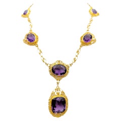 48.48 Carat Cushion and Oval Cut Amethyst Station Drop Necklace in 21 Karat Gold