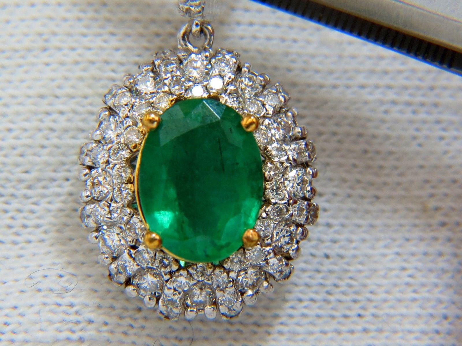 Oval Cut  4.84ct Natural Vibrant Green Emerald Diamond Cluster Earrings Dangle 14K