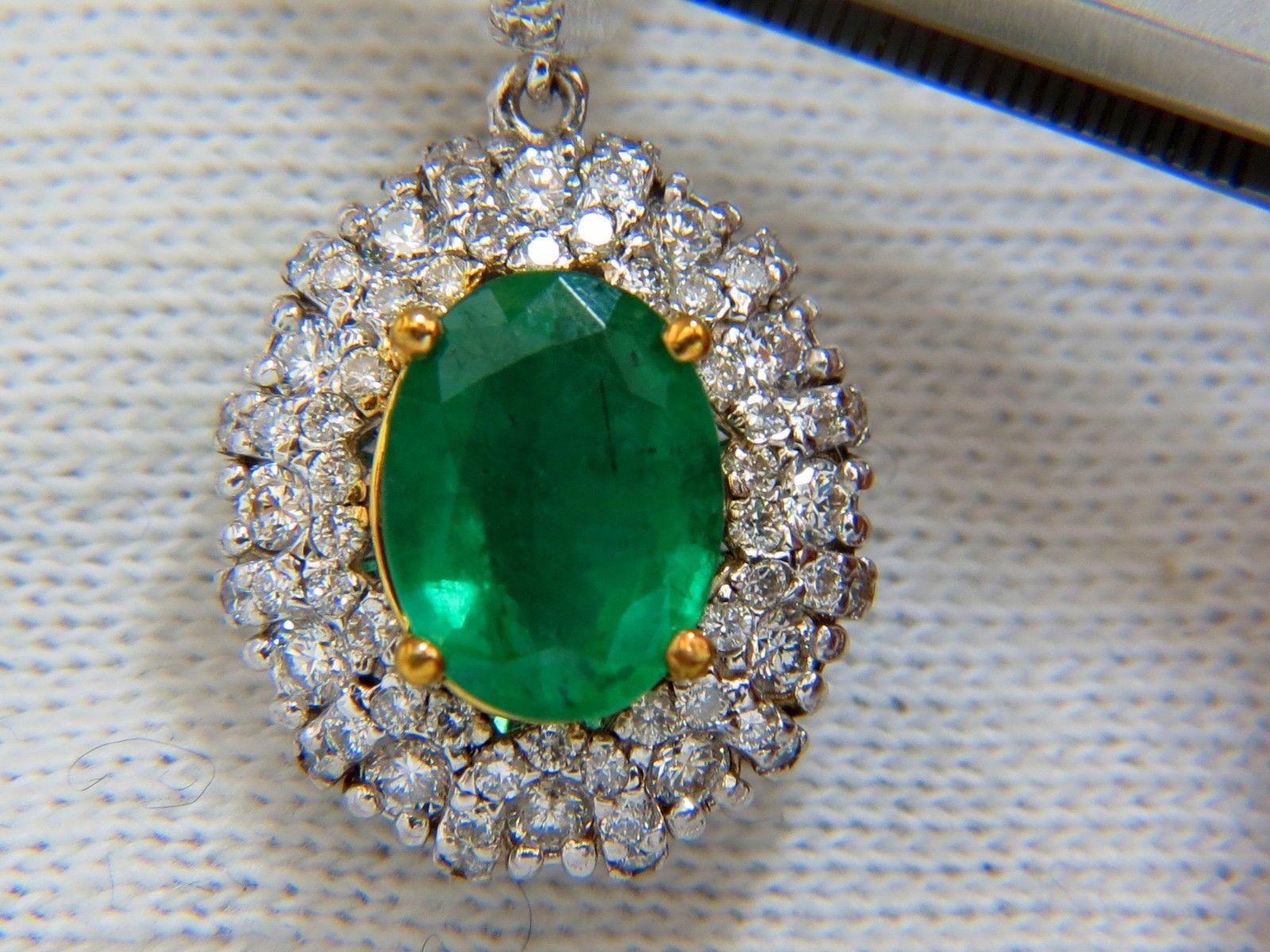 Oval Cut 4.84ct Natural Vibrant Green Emerald Diamond Cluster Earrings Dangle 14K For Sale