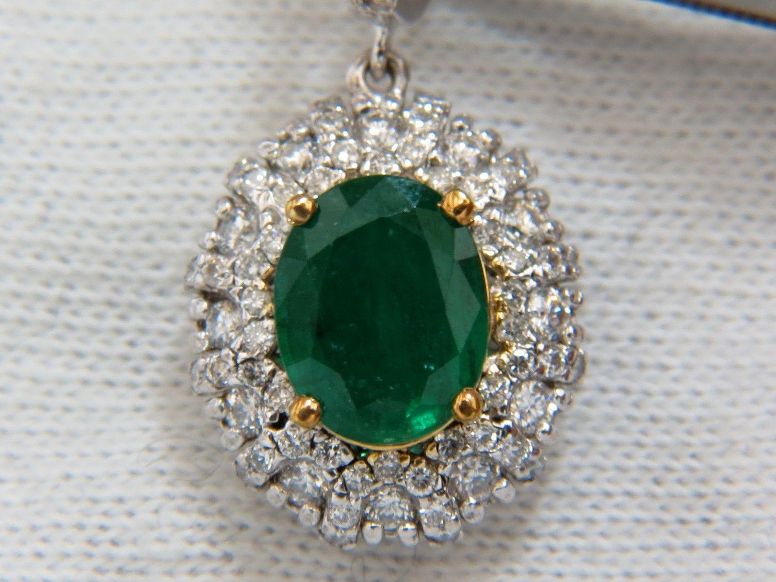 4.84ct Natural Vibrant Green Emerald Diamond Cluster Earrings Dangle 14K For Sale 1