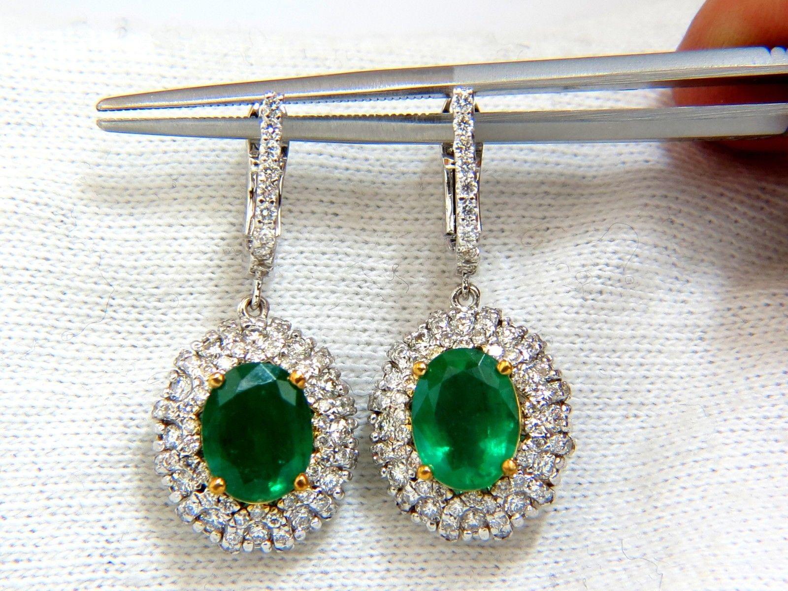 4.84ct Natural Vibrant Green Emerald Diamond Cluster Earrings Dangle 14K For Sale 2
