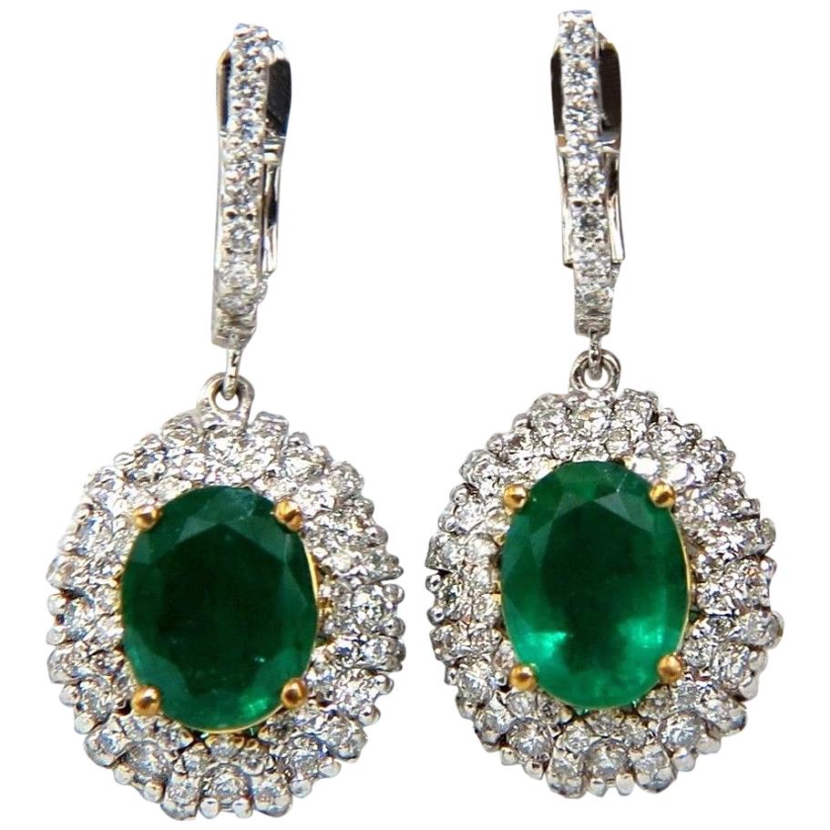  4.84ct Natural Vibrant Green Emerald Diamond Cluster Earrings Dangle 14K