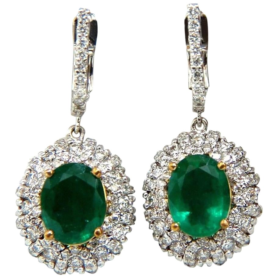 4.84ct Natural Vibrant Green Emerald Diamond Cluster Earrings Dangle 14K** For Sale