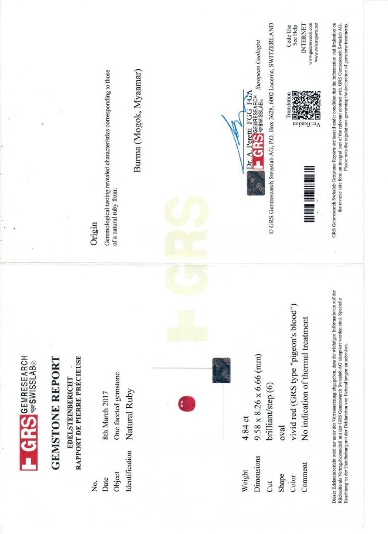 Questo squisito anello mette in mostra un rubino da 4,84 carati di straordinario pedigree, certificato da GRS come No Heat, di colore Pigeon Blood e di origine birmana (Mogok, Myanmar). Tagliato in un ovale brillante con sfaccettature a gradini, il