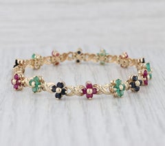 4.84ctw Ruby Sapphire Emerald Flower Tennis Bracelet 14k Yellow Gold 7"
