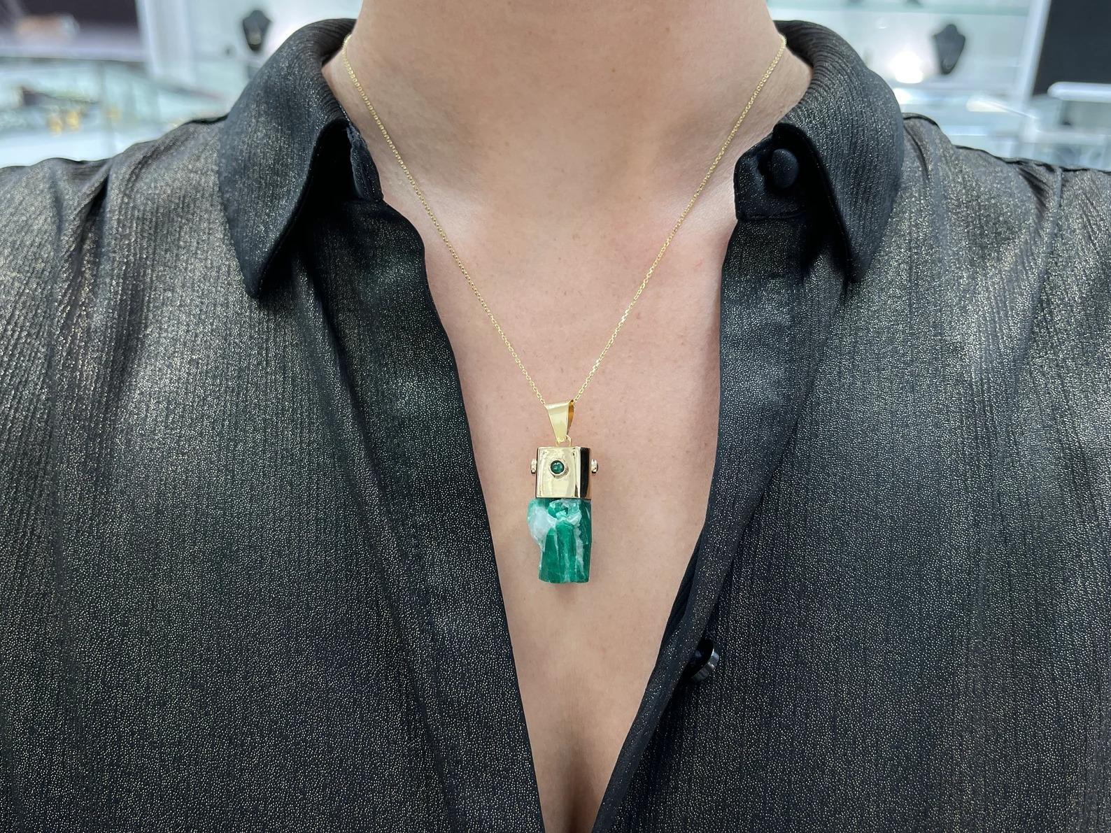 Modern 48.4tc One Of A Kind Raw Rough Natural Colombian Emerald Pendant 14K For Sale
