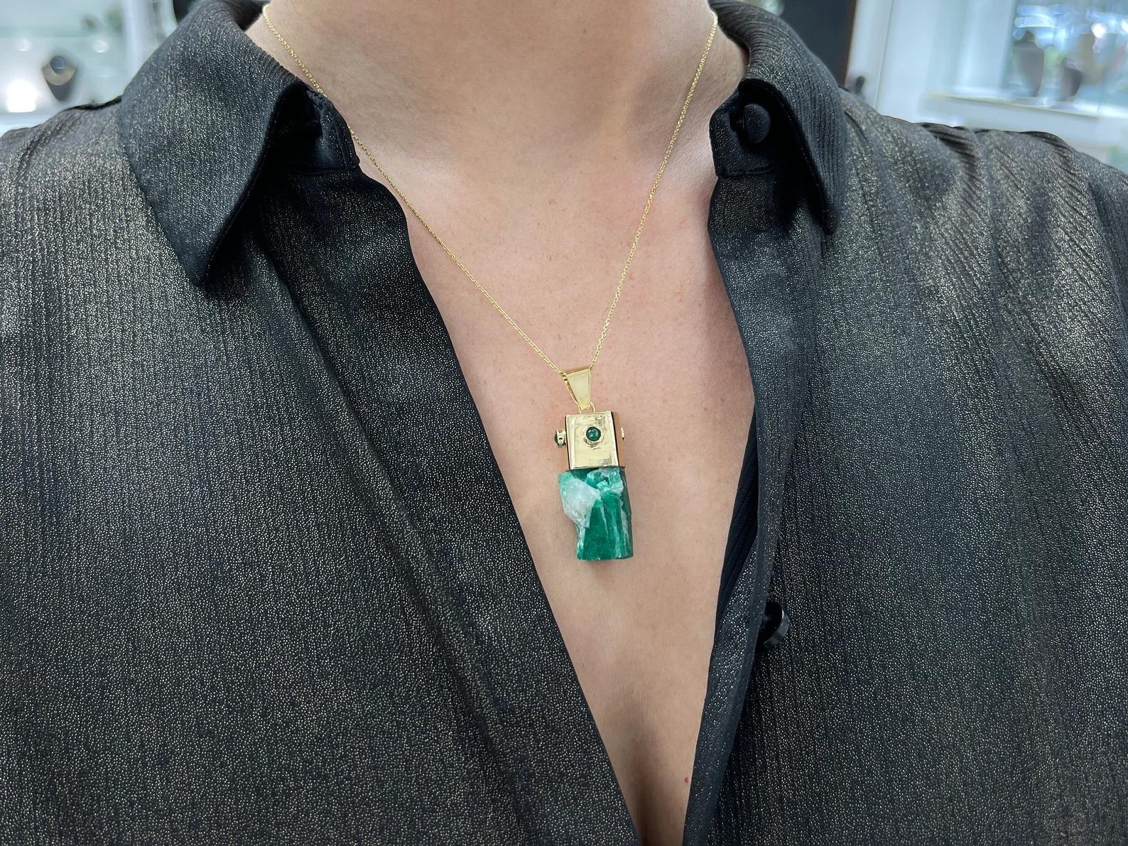Cabochon 48.4tc One Of A Kind Raw Rough Natural Colombian Emerald Pendant 14K For Sale
