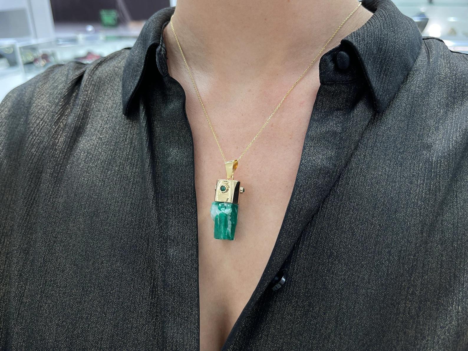48.4tc One Of A Kind Raw Rough Natural Colombian Emerald Pendant 14K In New Condition For Sale In Jupiter, FL