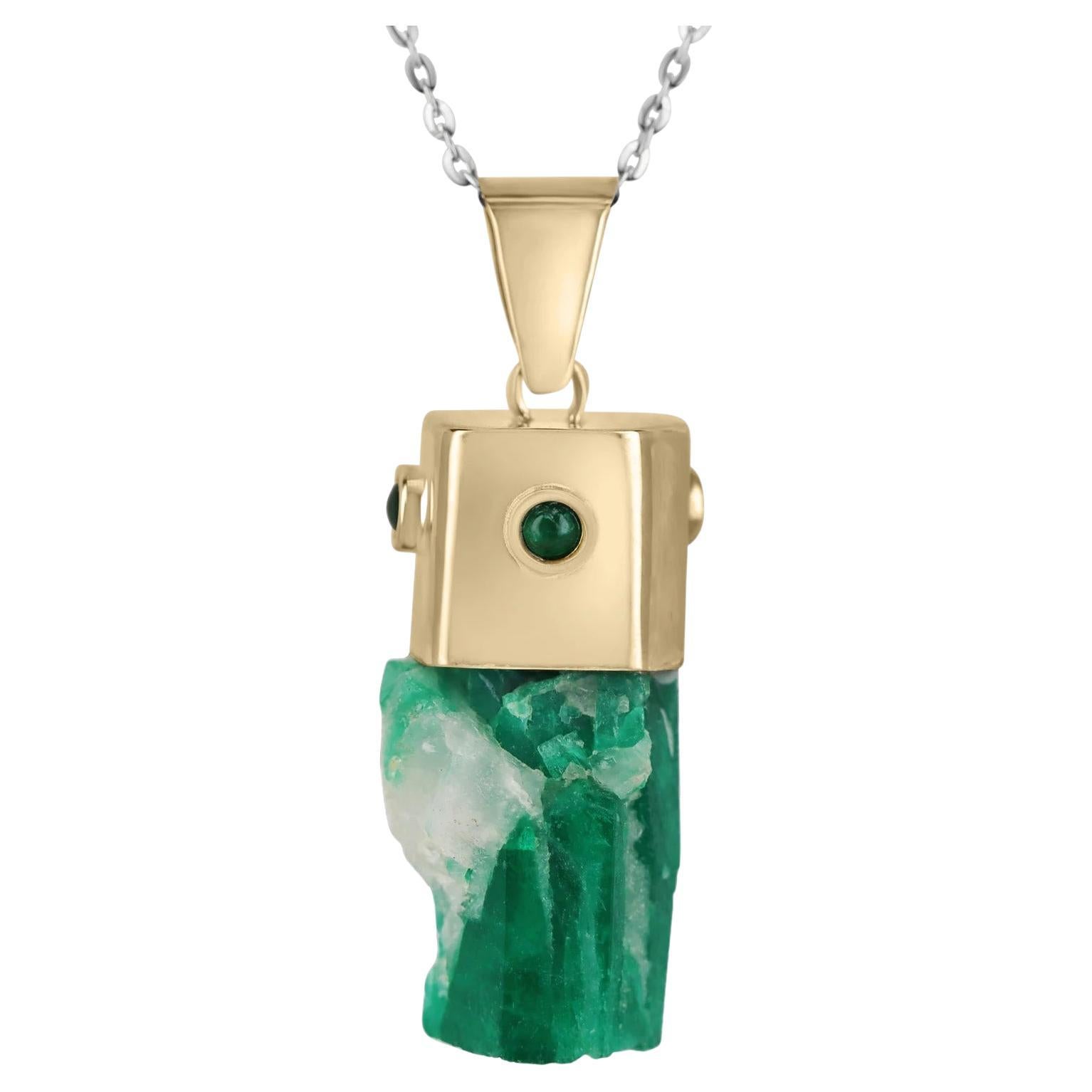 48.4tc One Of A Kind Raw Rough Natural Colombian Emerald Pendant 14K For Sale