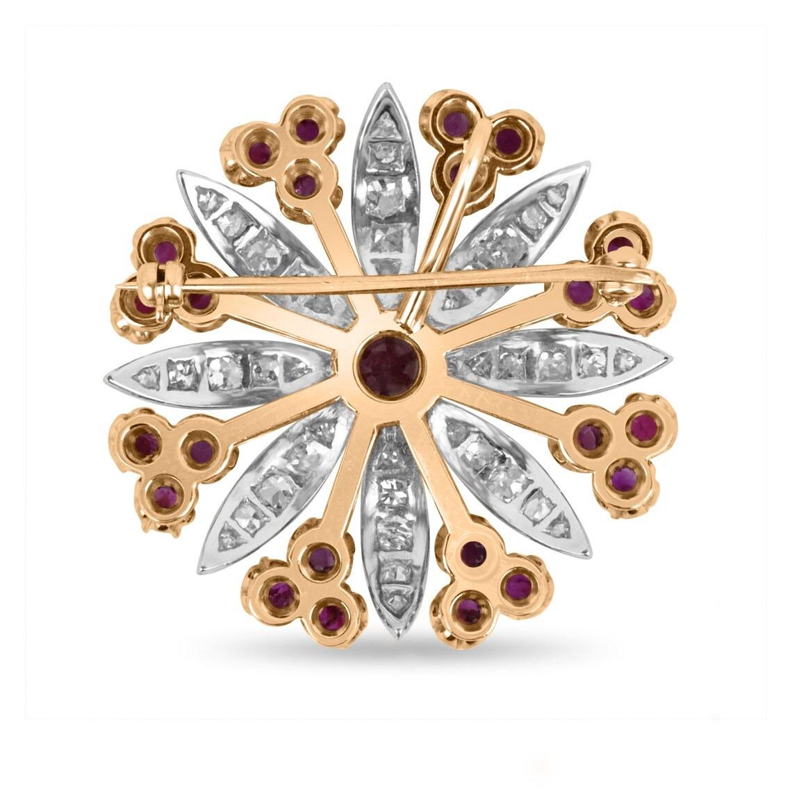 You have stumbled across an absolute treasure of an item. This masterpiece features almost three carats, of 1890s old mine rubies, cut into the shape of a round and prong set across the entire piece. Numerous round-cut diamonds are pave-set within