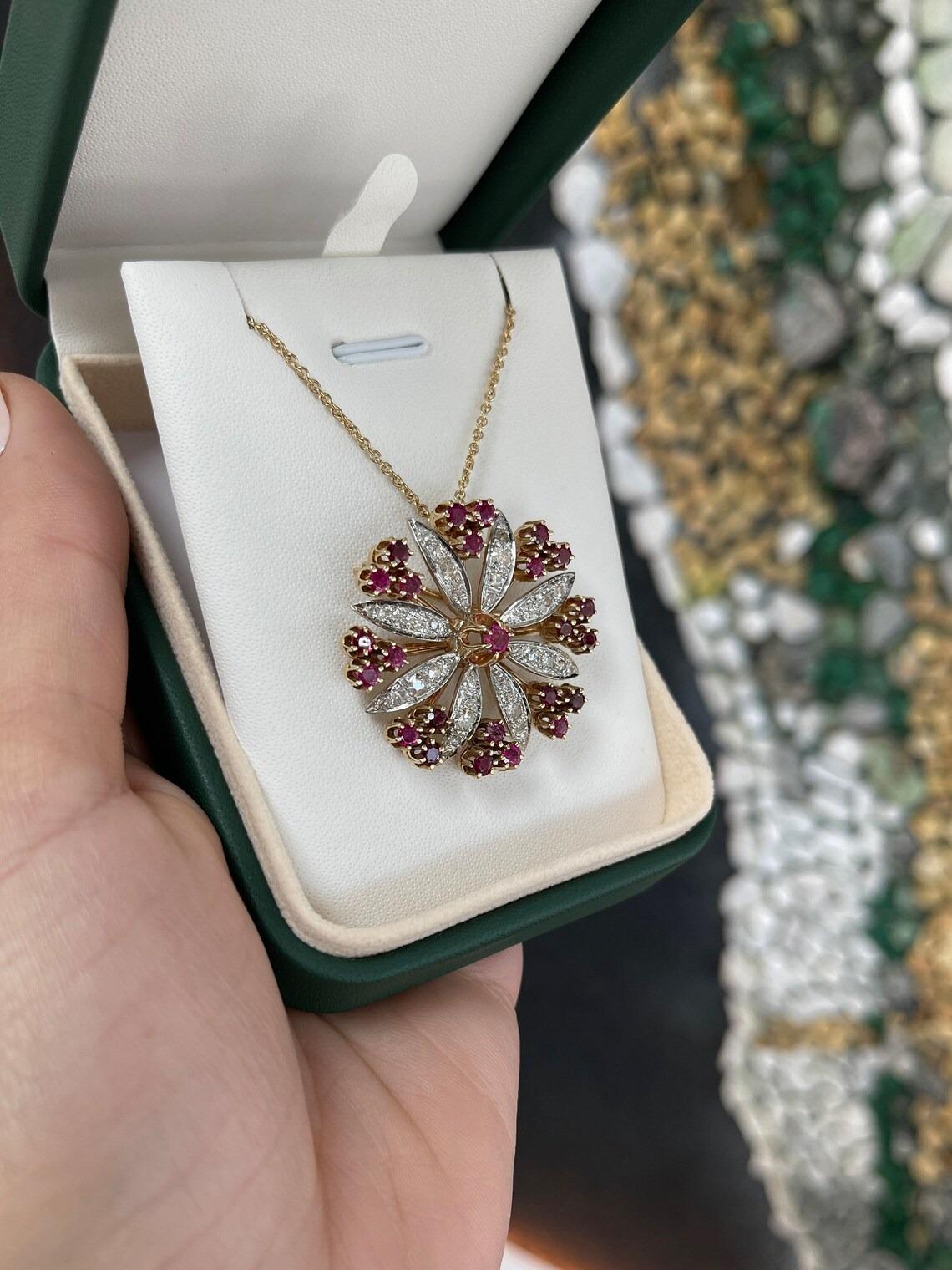 Round Cut 4.84tcw 14K Victorian Natural Ruby & Diamond Antique 1890's Gold Pendant/Brooch  For Sale