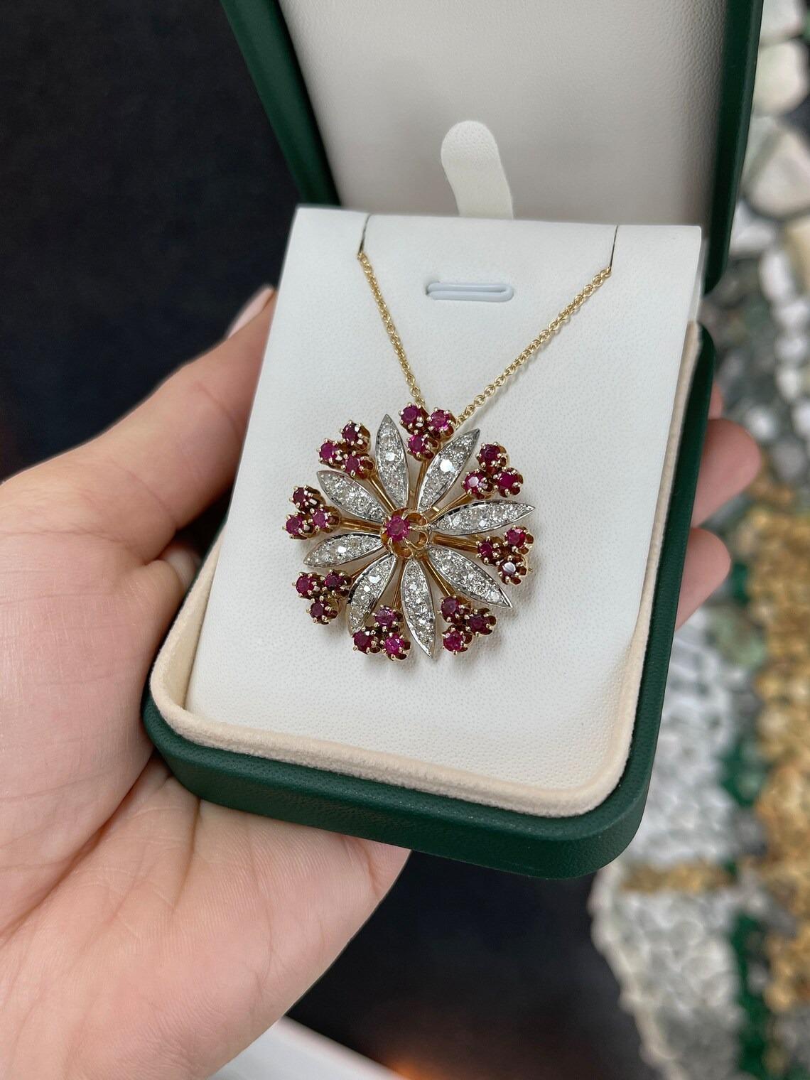 4.84tcw 14K Victorian Natural Ruby & Diamond Antique 1890's Gold Pendant/Brooch  In New Condition For Sale In Jupiter, FL