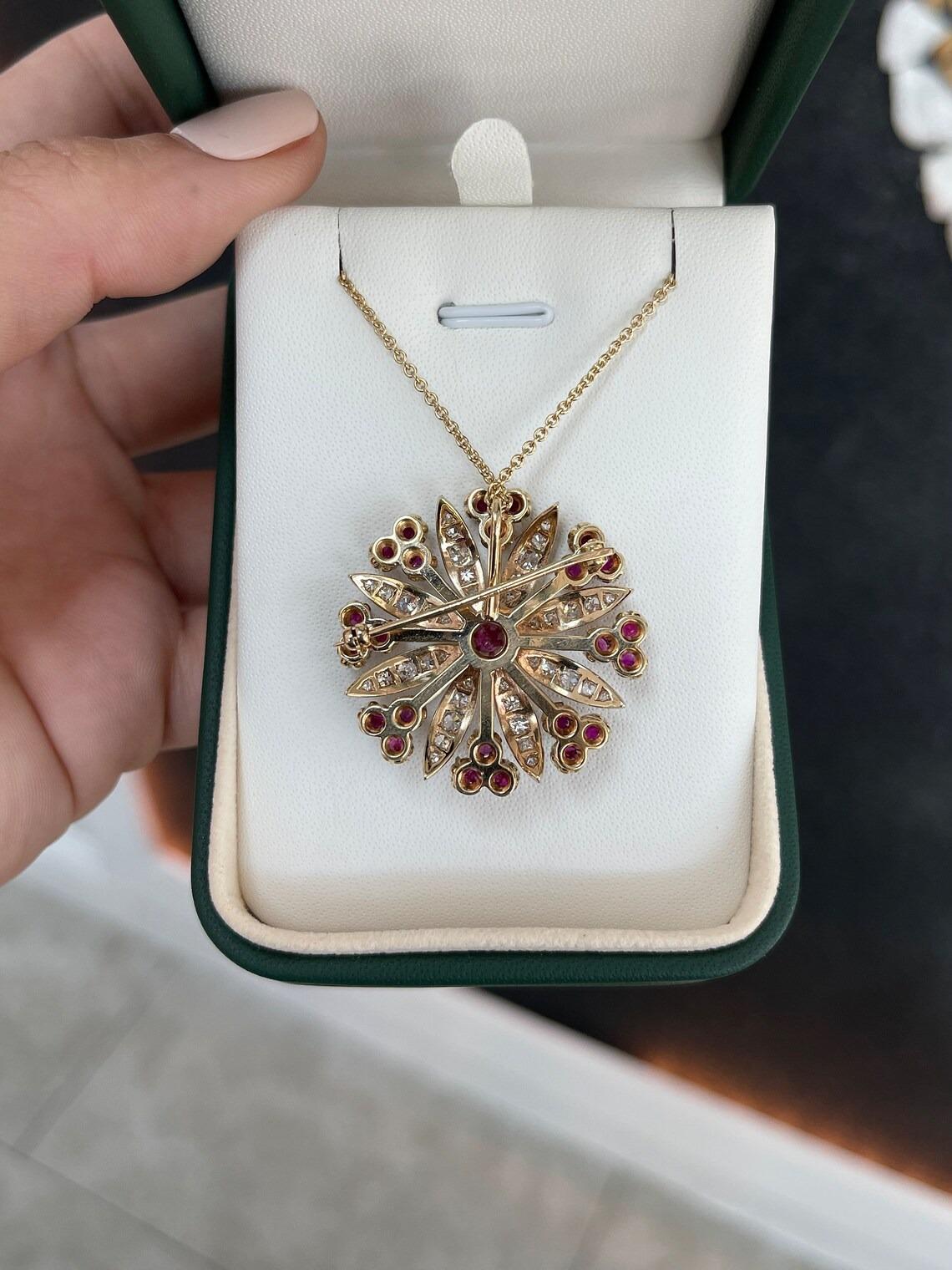 Women's or Men's 4.84tcw 14K Victorian Natural Ruby & Diamond Antique 1890's Gold Pendant/Brooch For Sale