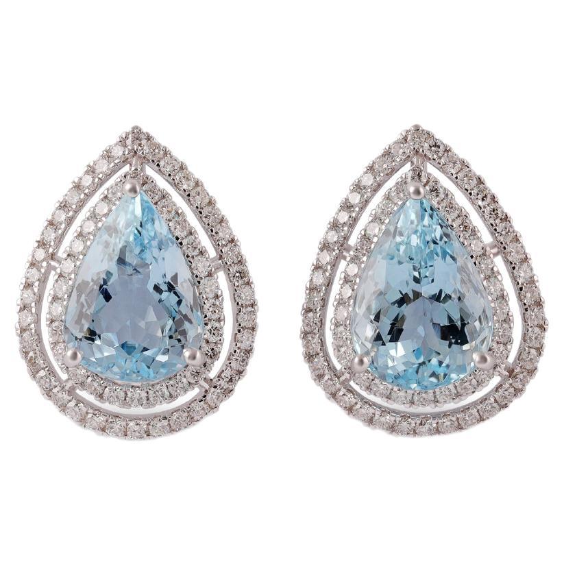 4.85 Carat Clear Aquamarine & Diamond Cluster Earring Stud in 18K White gold For Sale
