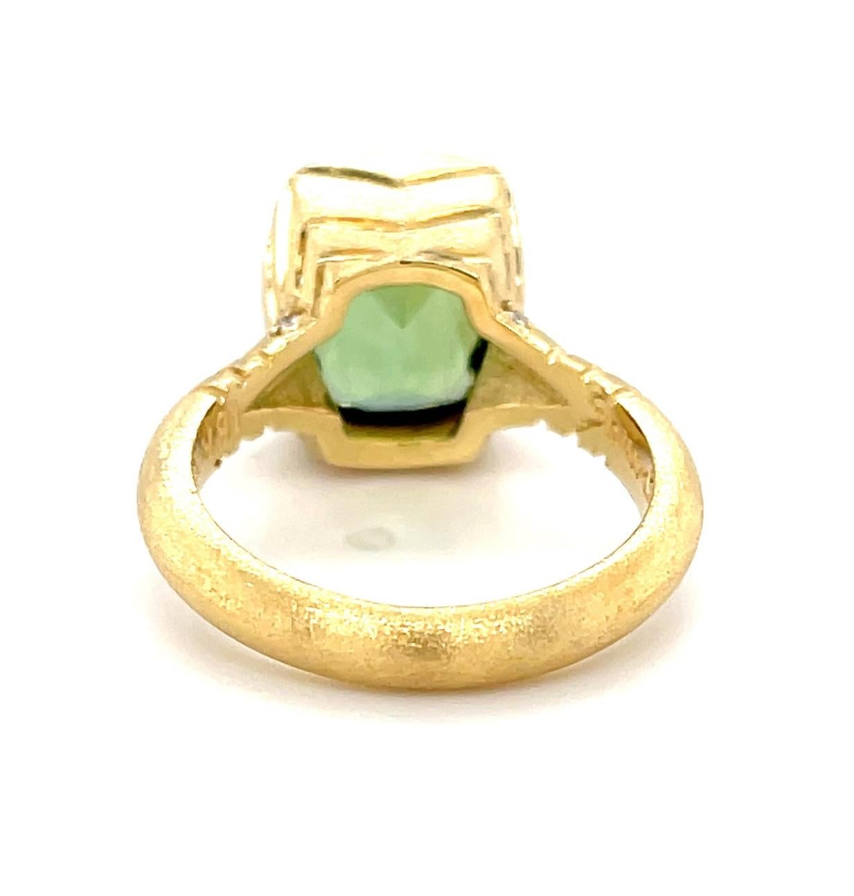Cushion Cut 4.85 Carat Cushion-Cut Green Tourmaline and Diamond Ring in 18k Yellow Gold