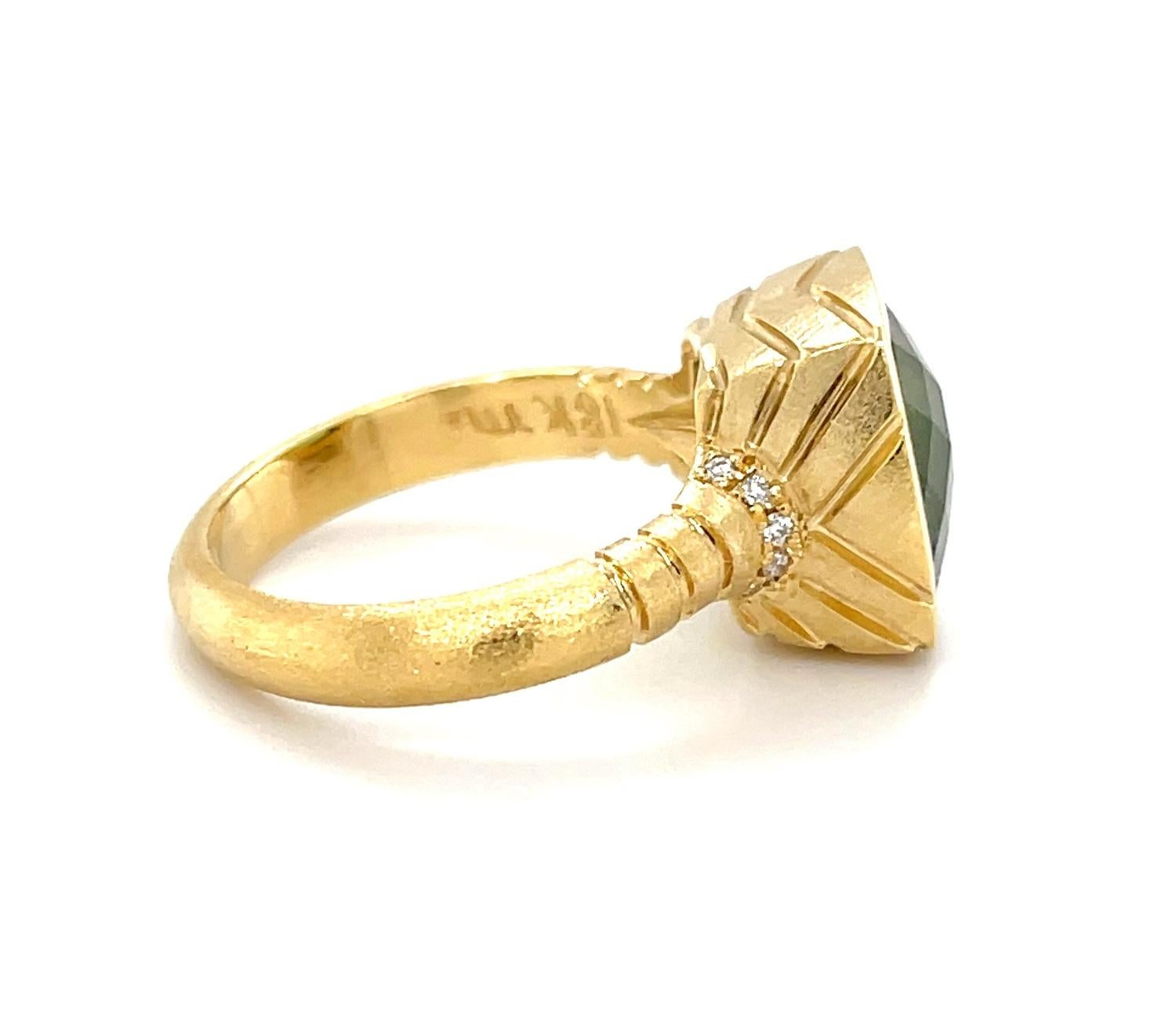 4.85 Carat Cushion-Cut Green Tourmaline and Diamond Ring in 18k Yellow Gold In New Condition In Los Angeles, CA