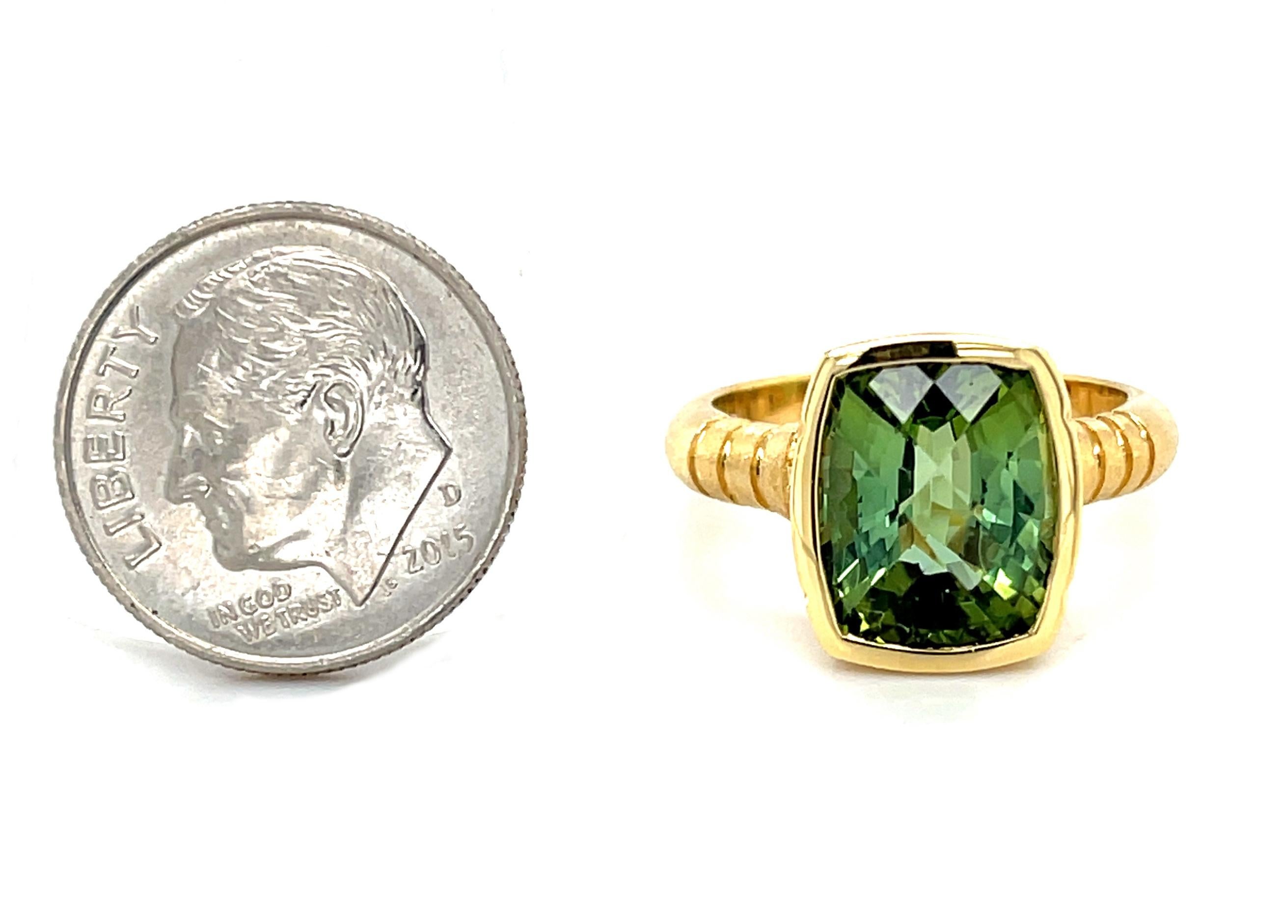 Women's or Men's 4.85 Carat Cushion-Cut Green Tourmaline and Diamond Ring in 18k Yellow Gold