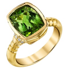 4.85 Carat Cushion-Cut Green Tourmaline and Diamond Ring in 18k Yellow Gold