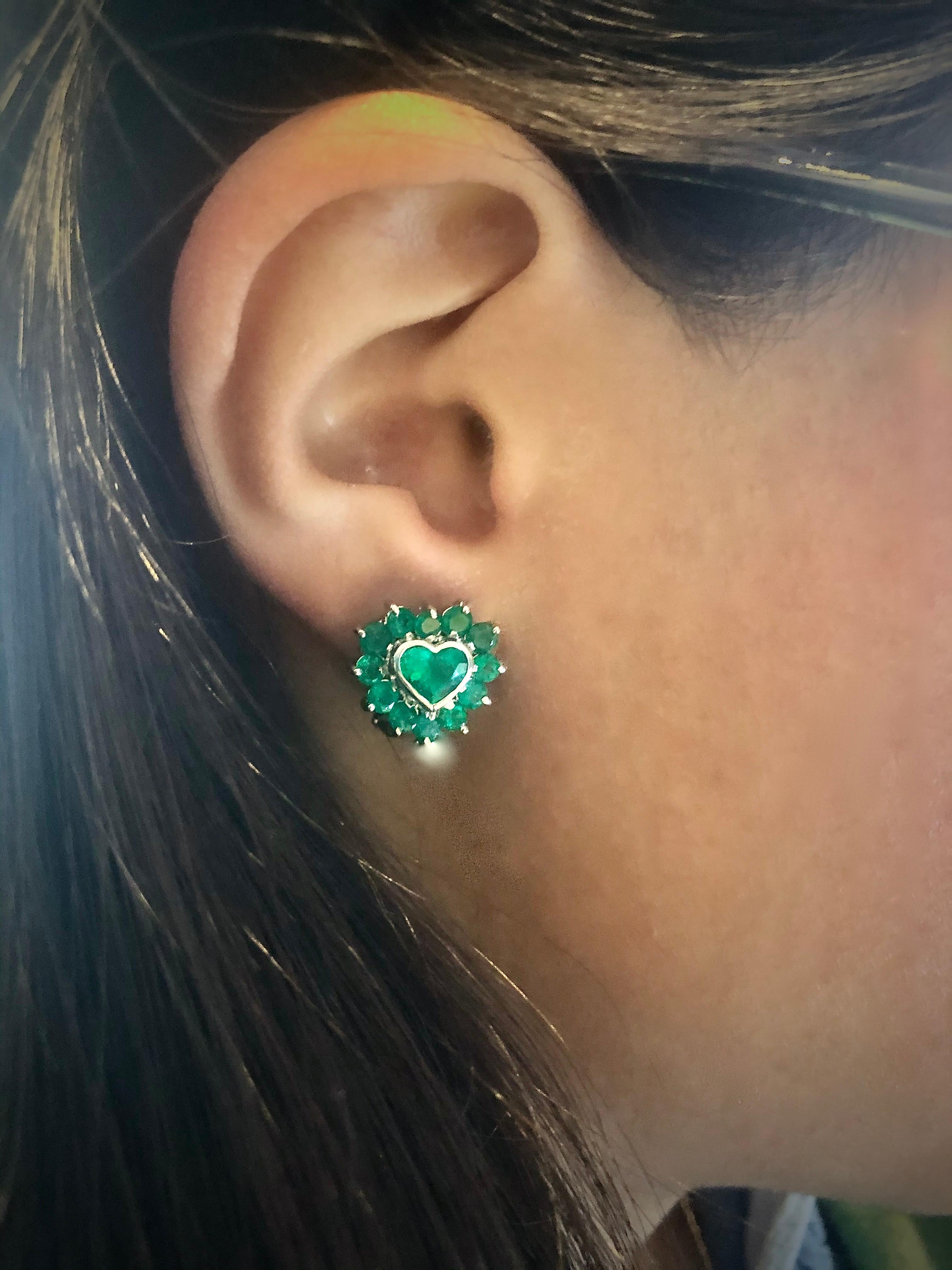 4.85 Carat Emerald Heart Shape 18 Karat White Gold Earrings 7