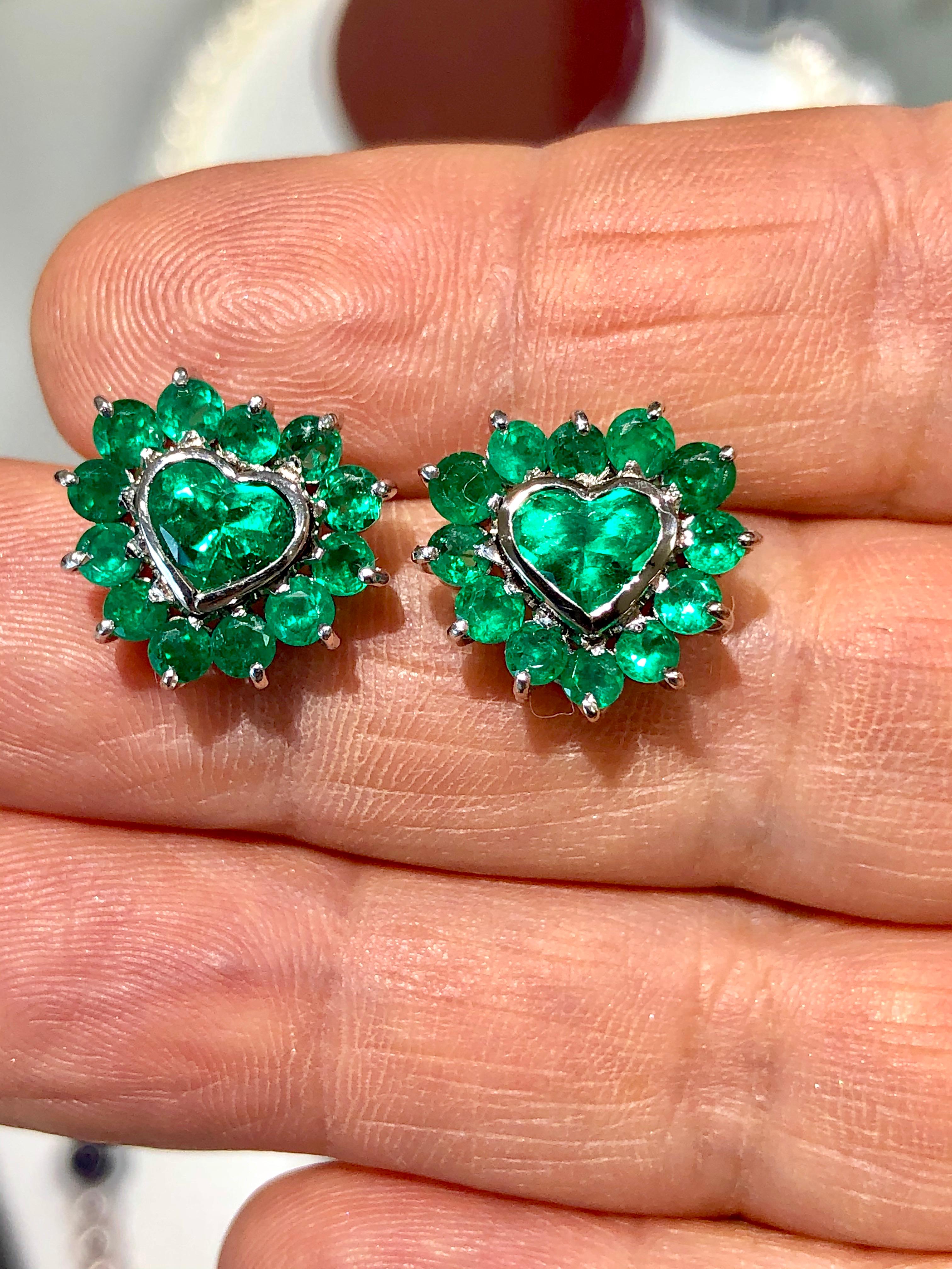 Heart Cut 4.85 Carat Emerald Heart Shape 18 Karat White Gold Earrings