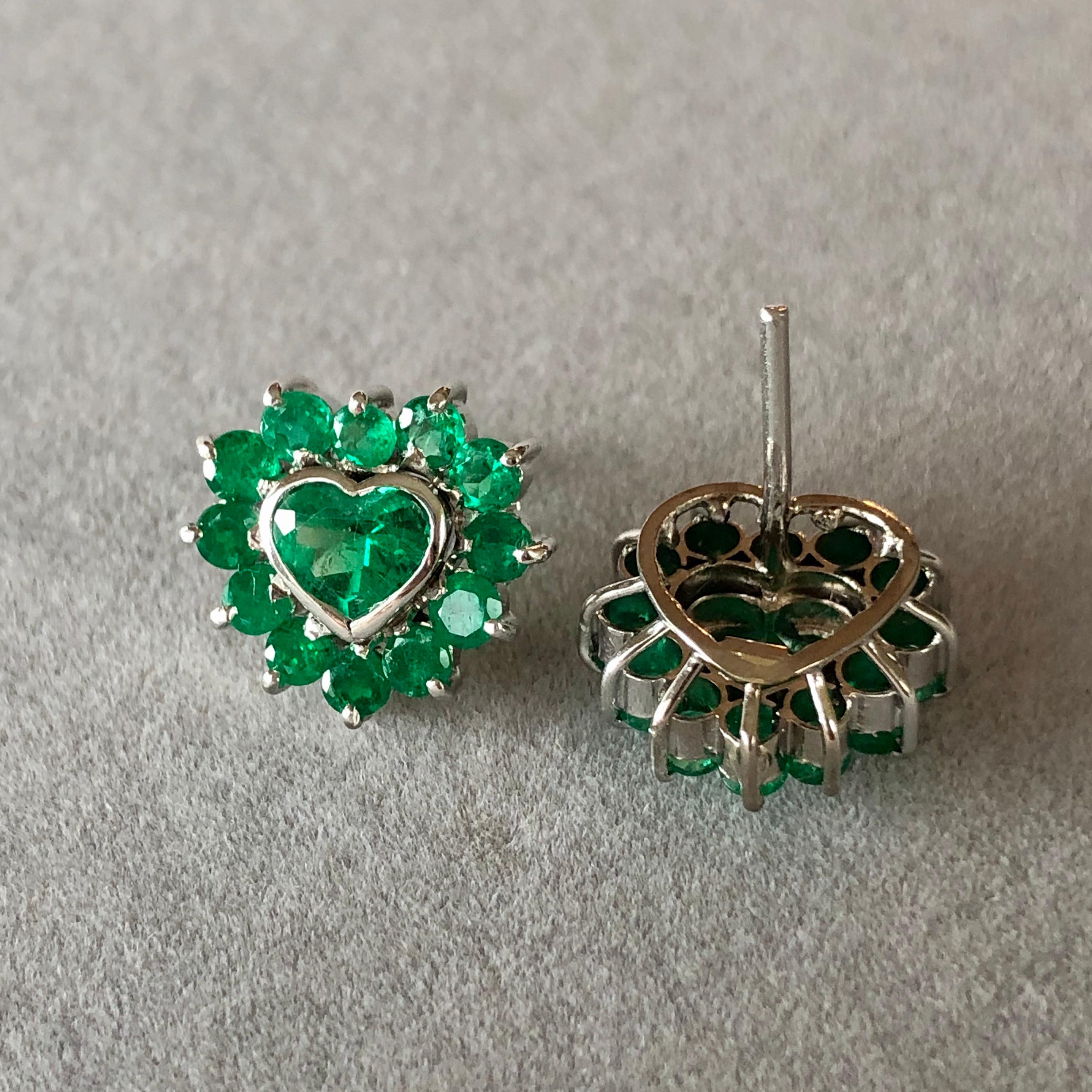 Women's 4.85 Carat Emerald Heart Shape 18 Karat White Gold Earrings