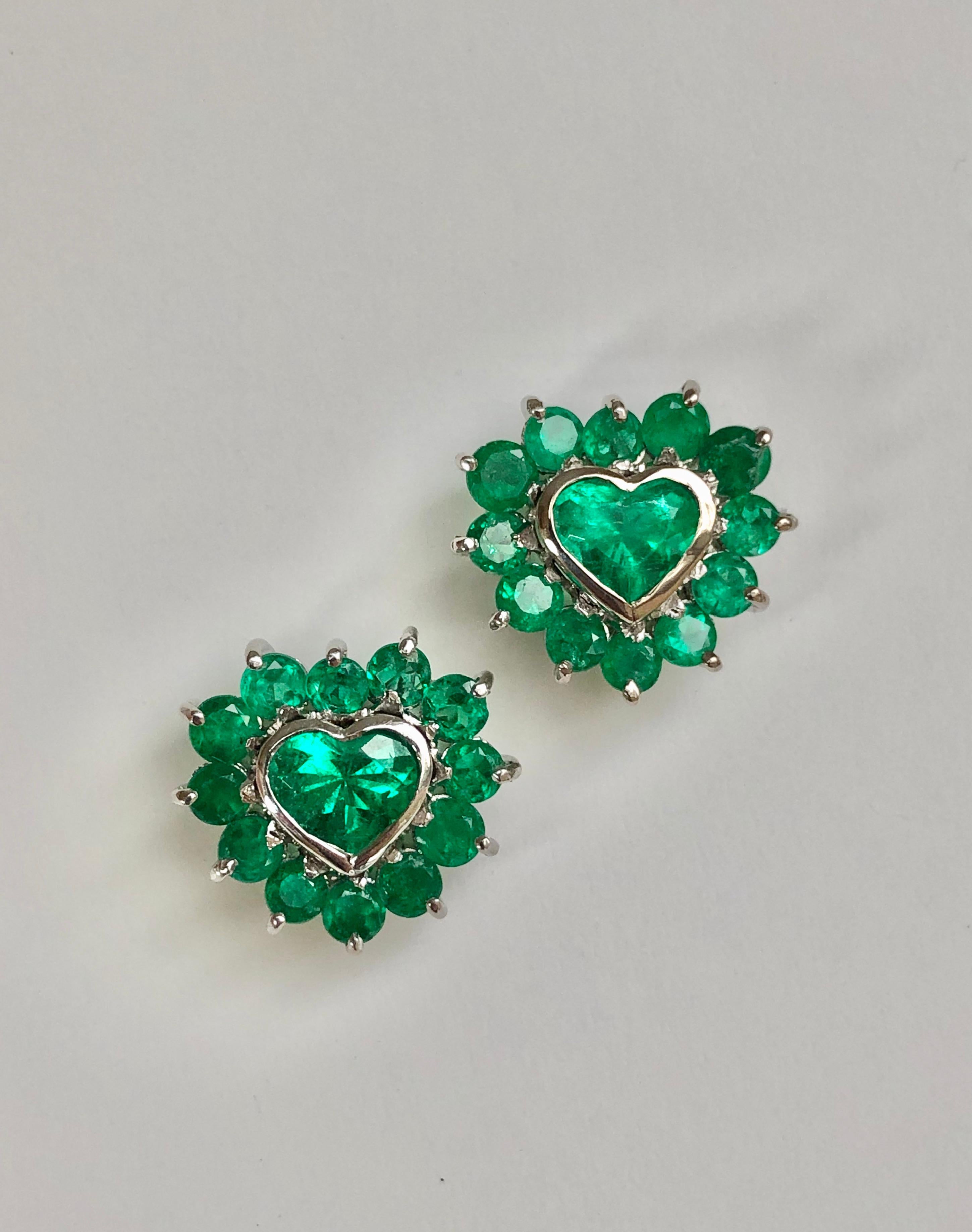 4.85 Carat Emerald Heart Shape 18 Karat White Gold Earrings 1