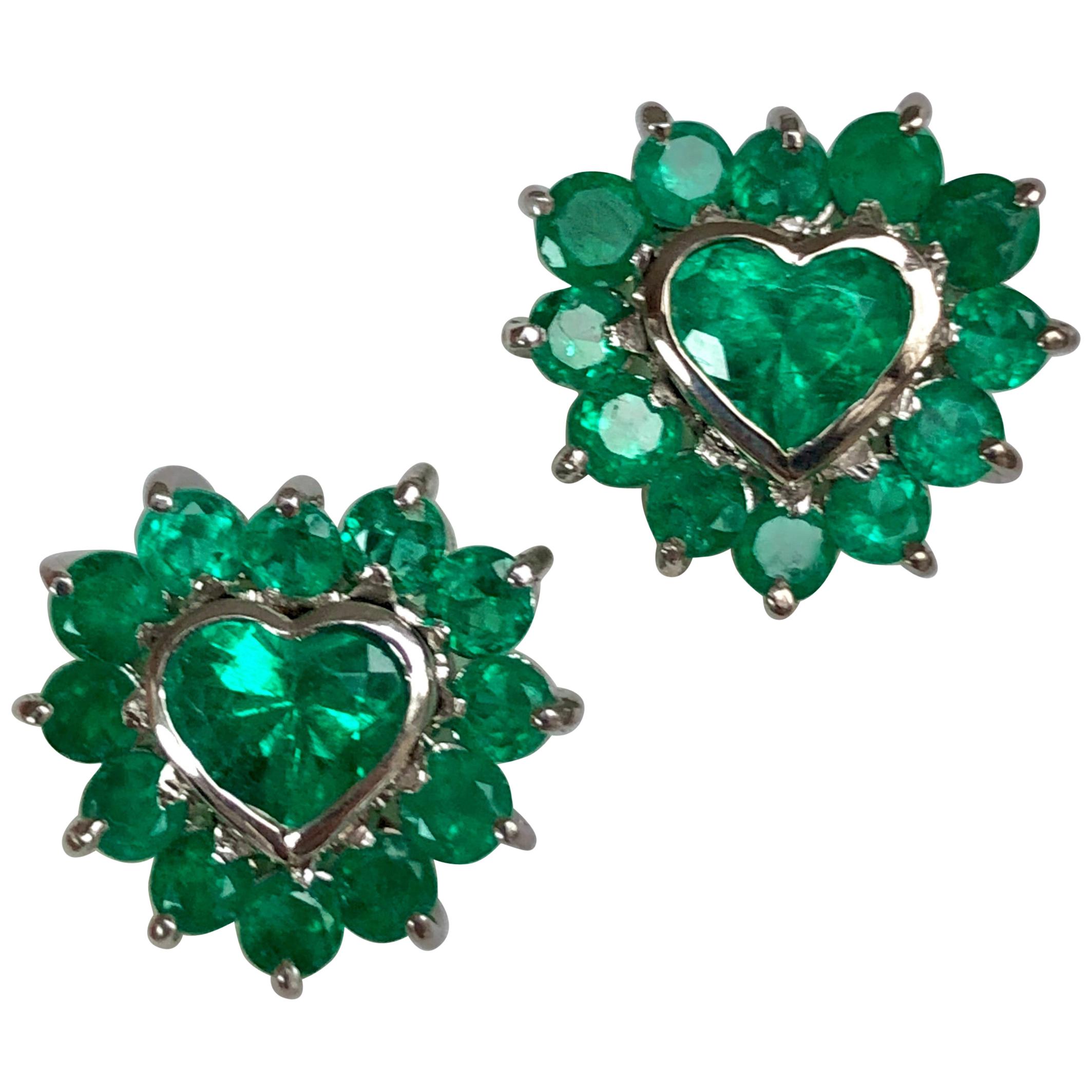 4.85 Carat Emerald Heart Shape 18 Karat White Gold Earrings