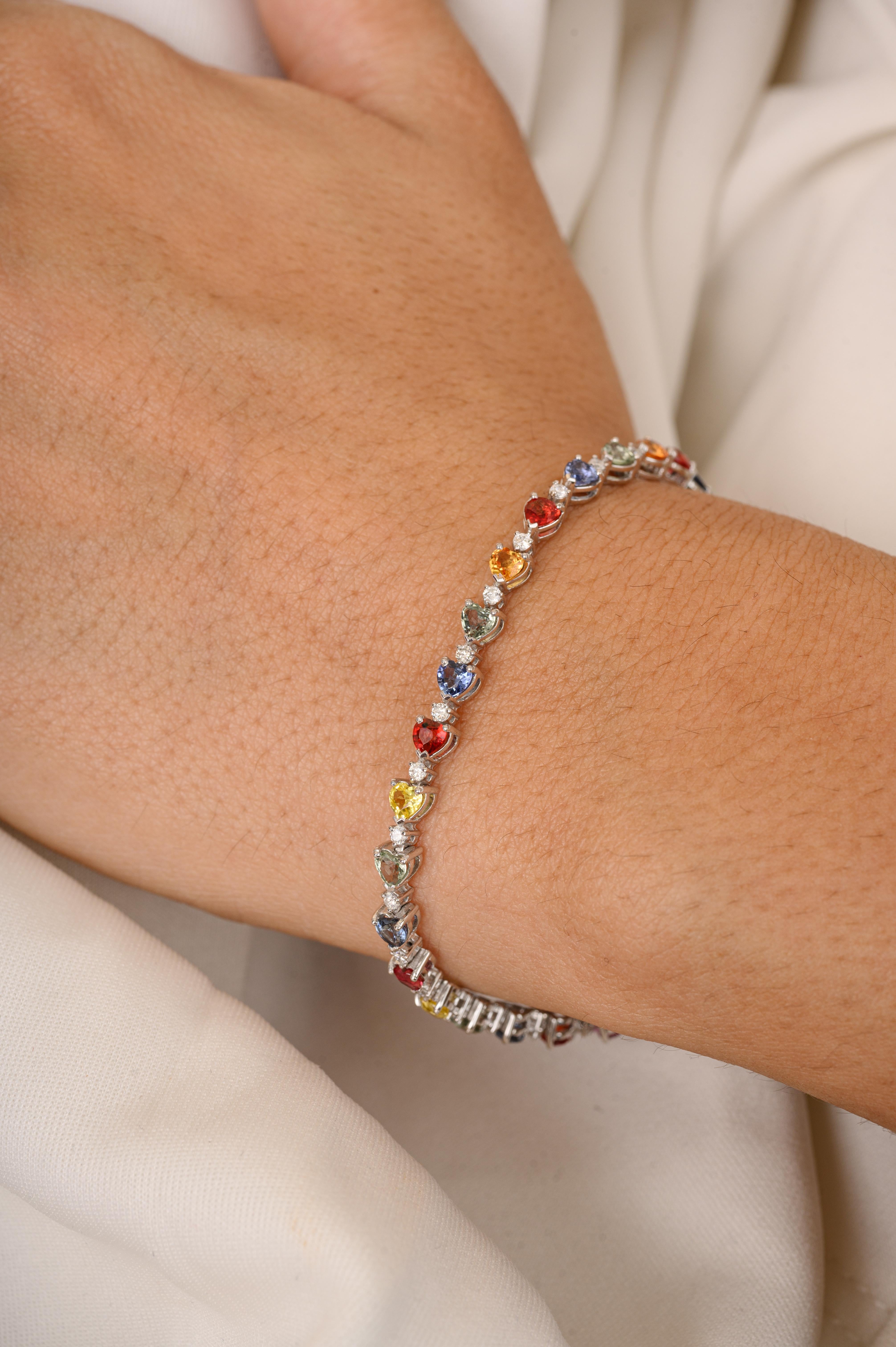 4.85 Carat Heart Cut Multi Sapphire Diamond Tennis Bracelet in 18k White Gold In New Condition For Sale In New York, NY