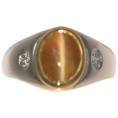 4.85+ Carat Men's Cats Eye and Diamond Men's Ring - Honey Color, Straight Eye