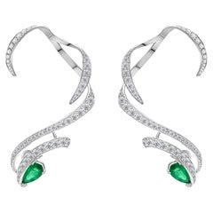 4.8 Carat Diamond 2.79 Carats Pear Emerald Ear Wrap Cuff 18K White Gold Earrings