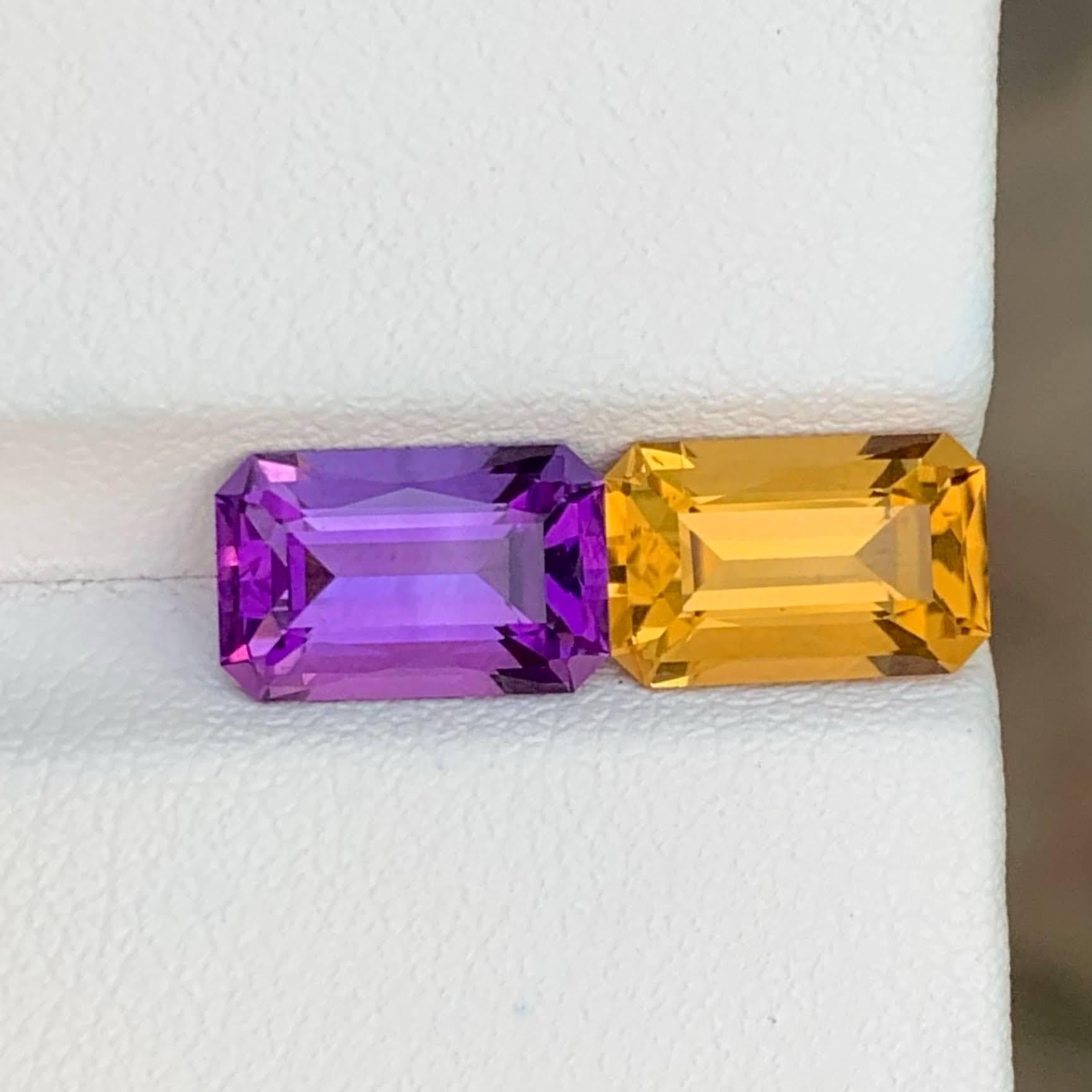 Gewicht 4,85 Karat 
Abmessungen 10x6x5mm
Behandlung Keine
Herkunft Brasilien 
Clarity Eye Clean 
Form Schliff Smaragd 




Das 4,85 Karat schwere Paar aus natürlichem Amethyst und Citrin ist eine atemberaubende Kombination aus zwei lebhaften