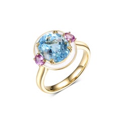 4.85 Carat Oval Blue Topaz Enamel Art Deco Cocktail Ring in 18k Yellow Gold