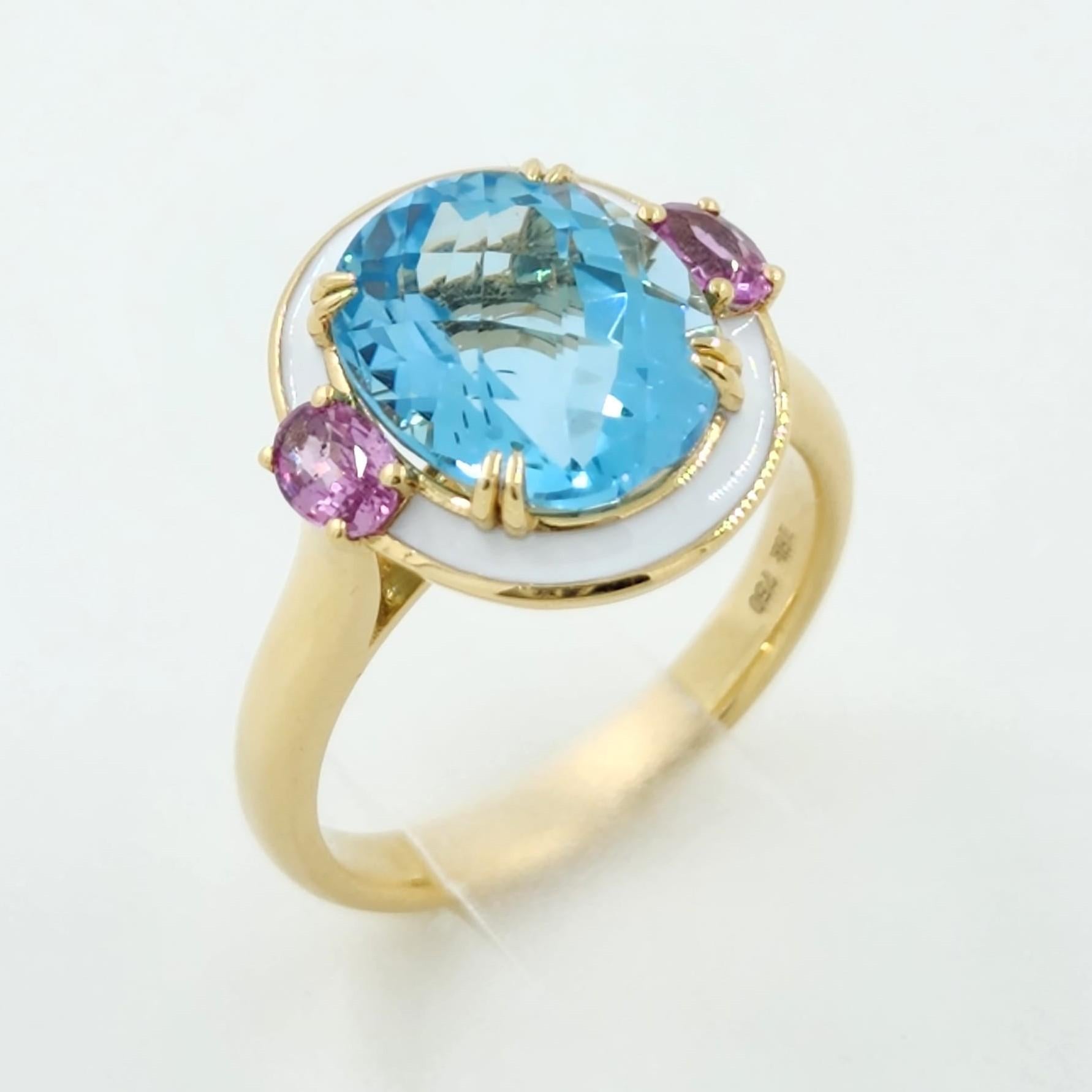 Taille ovale Bague cocktail Art déco en or jaune 18 carats avec topaze bleue ovale et émail de 4,85 carats en vente