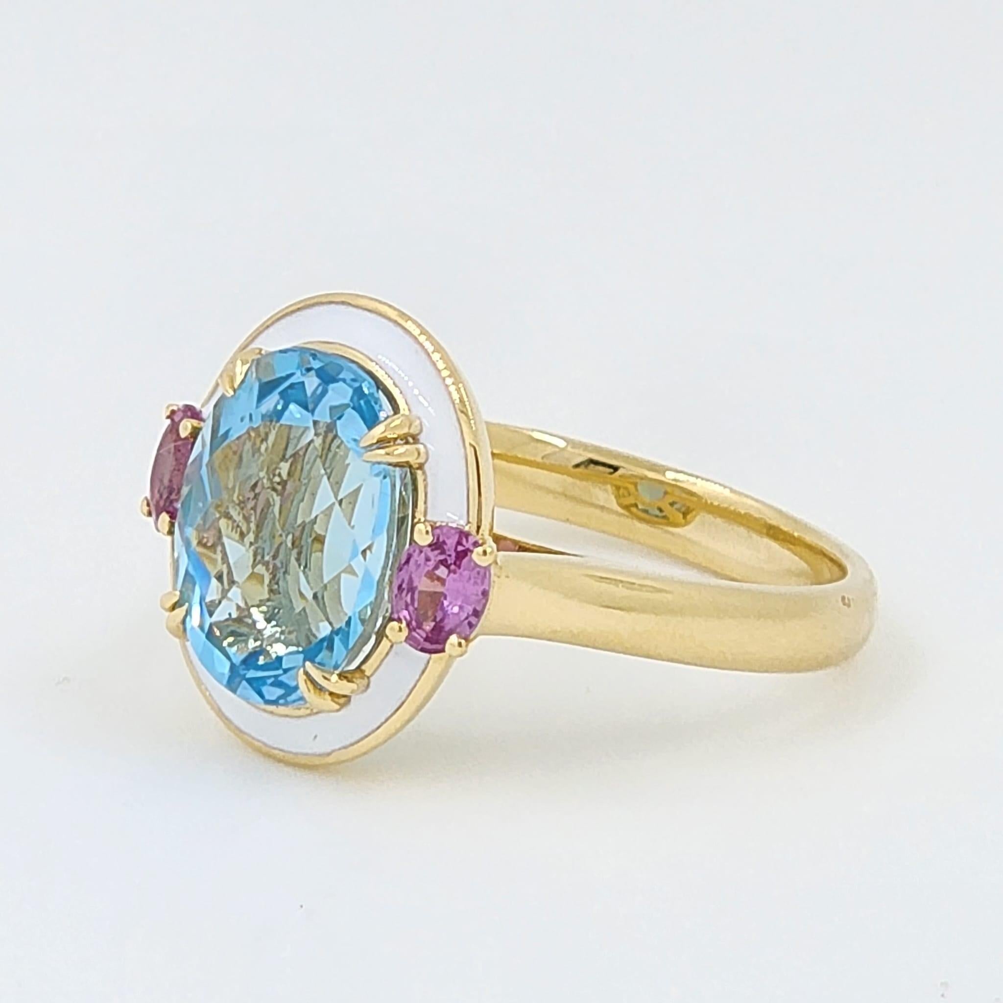 Bague cocktail Art déco en or jaune 18 carats avec topaze bleue ovale et émail de 4,85 carats Neuf - En vente à Hong Kong, HK
