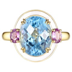 4.85 Carat Oval Blue Topaz Enamel Art Deco Cocktail Ring in 18k Yellow Gold