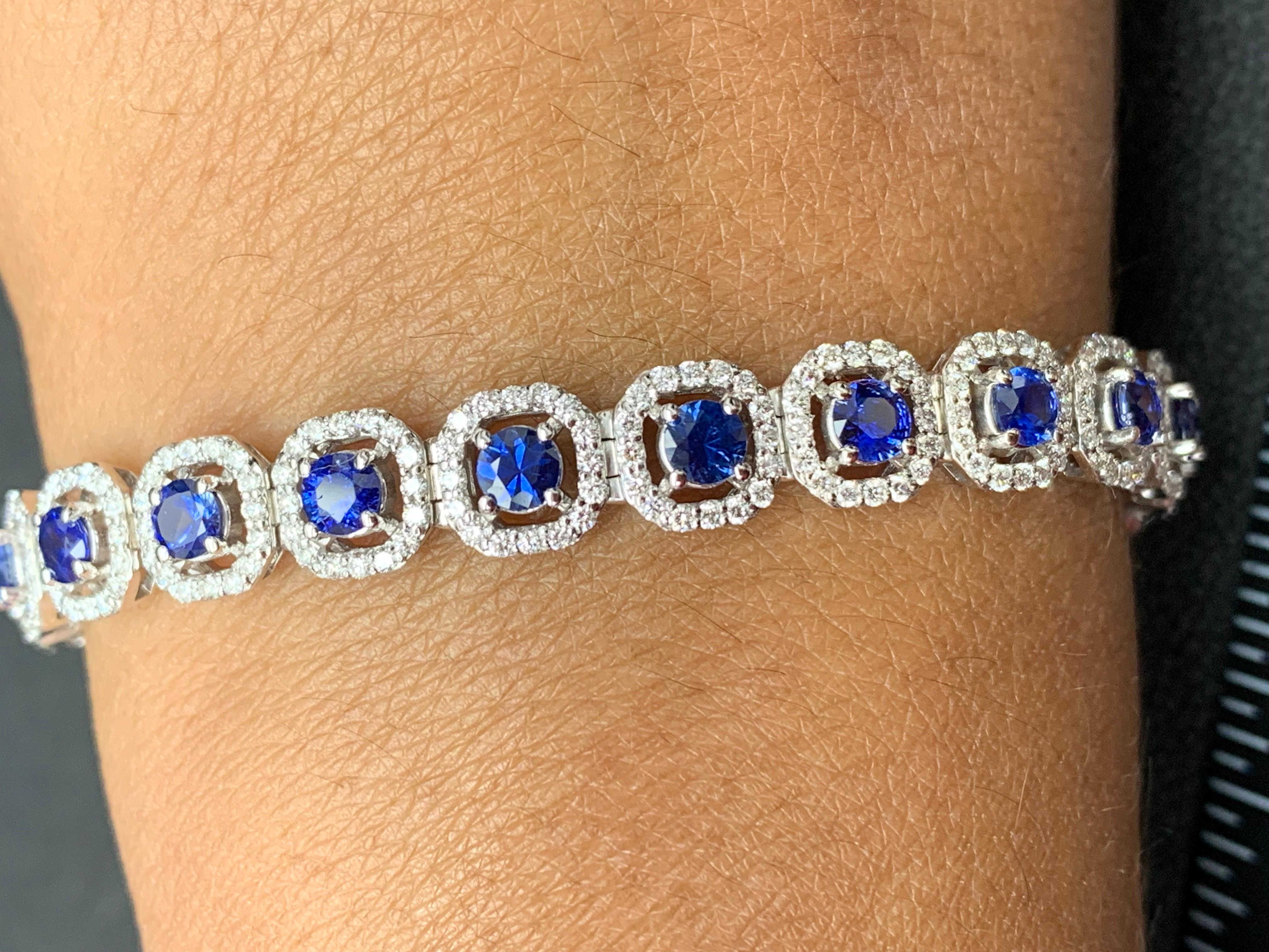 4.85 Carat Round BlueSapphire and Diamond Halo Tennis Bracelet in 14k White Gold In New Condition For Sale In NEW YORK, NY