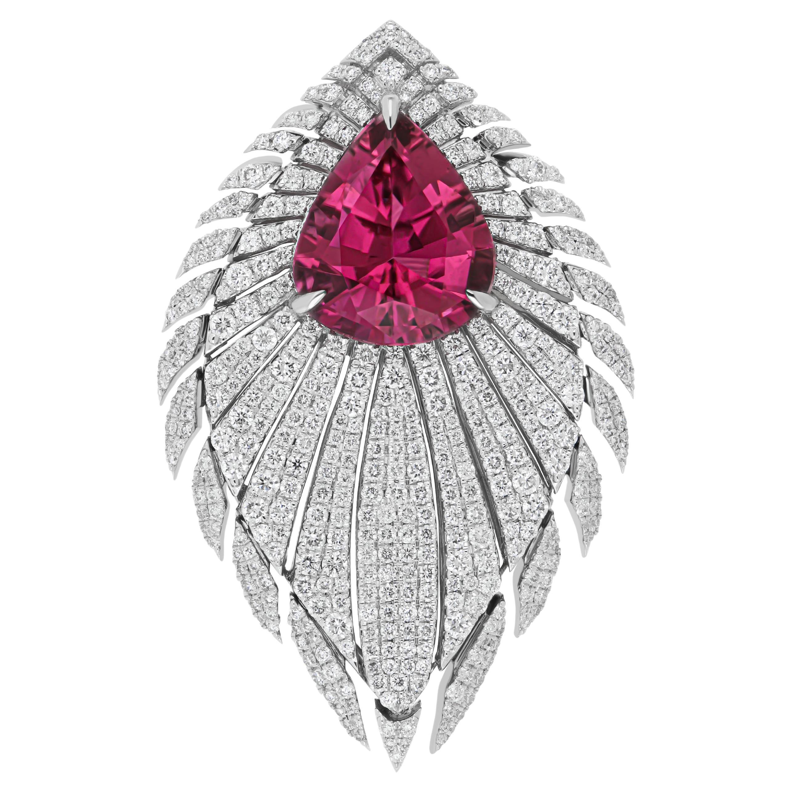 4.85 Carat Rubellite & Diamond Pendant in 18K White Gold Pendant for Party Wear For Sale