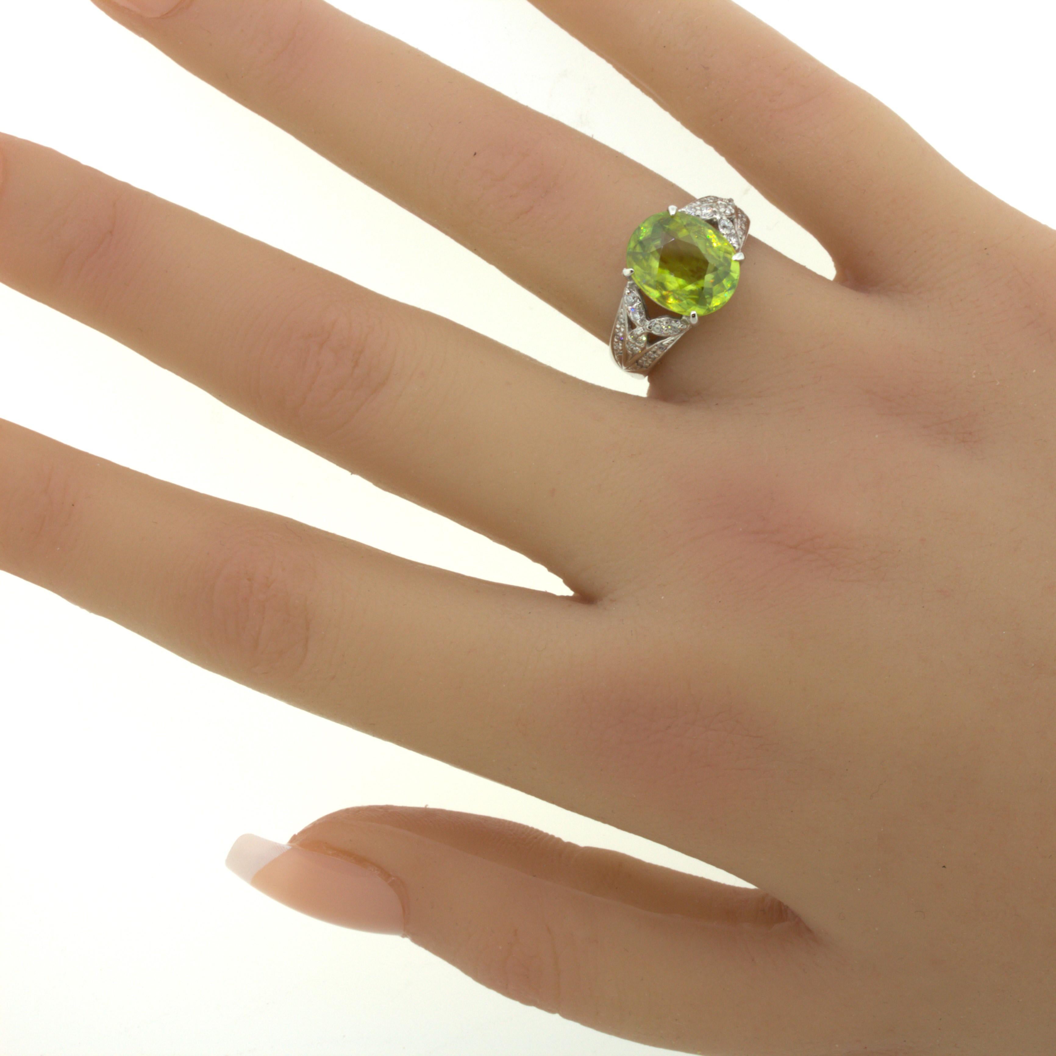 4.85 Carat Sphene Diamond Platinum Floral Ring For Sale 5