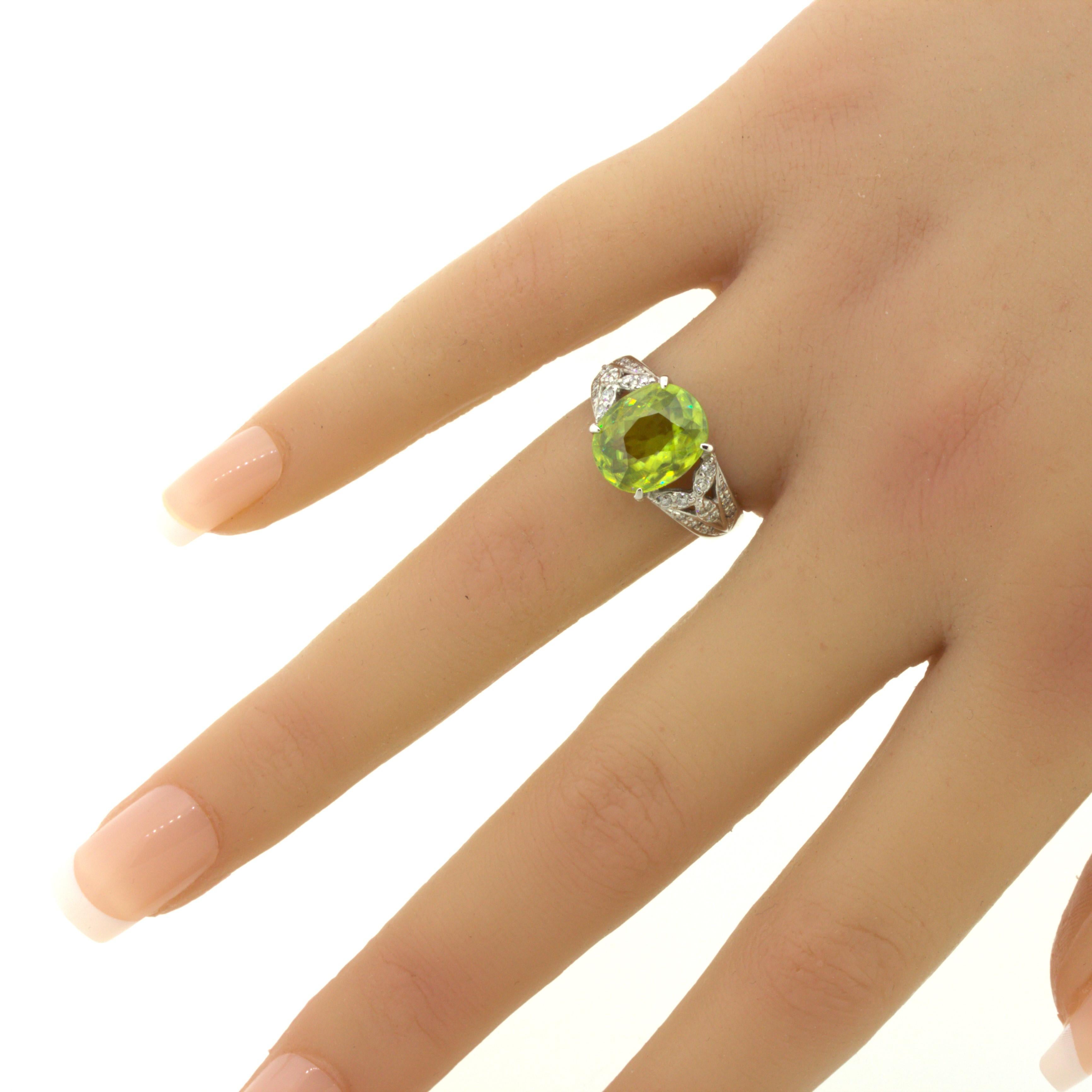 4.85 Carat Sphene Diamond Platinum Floral Ring For Sale 6