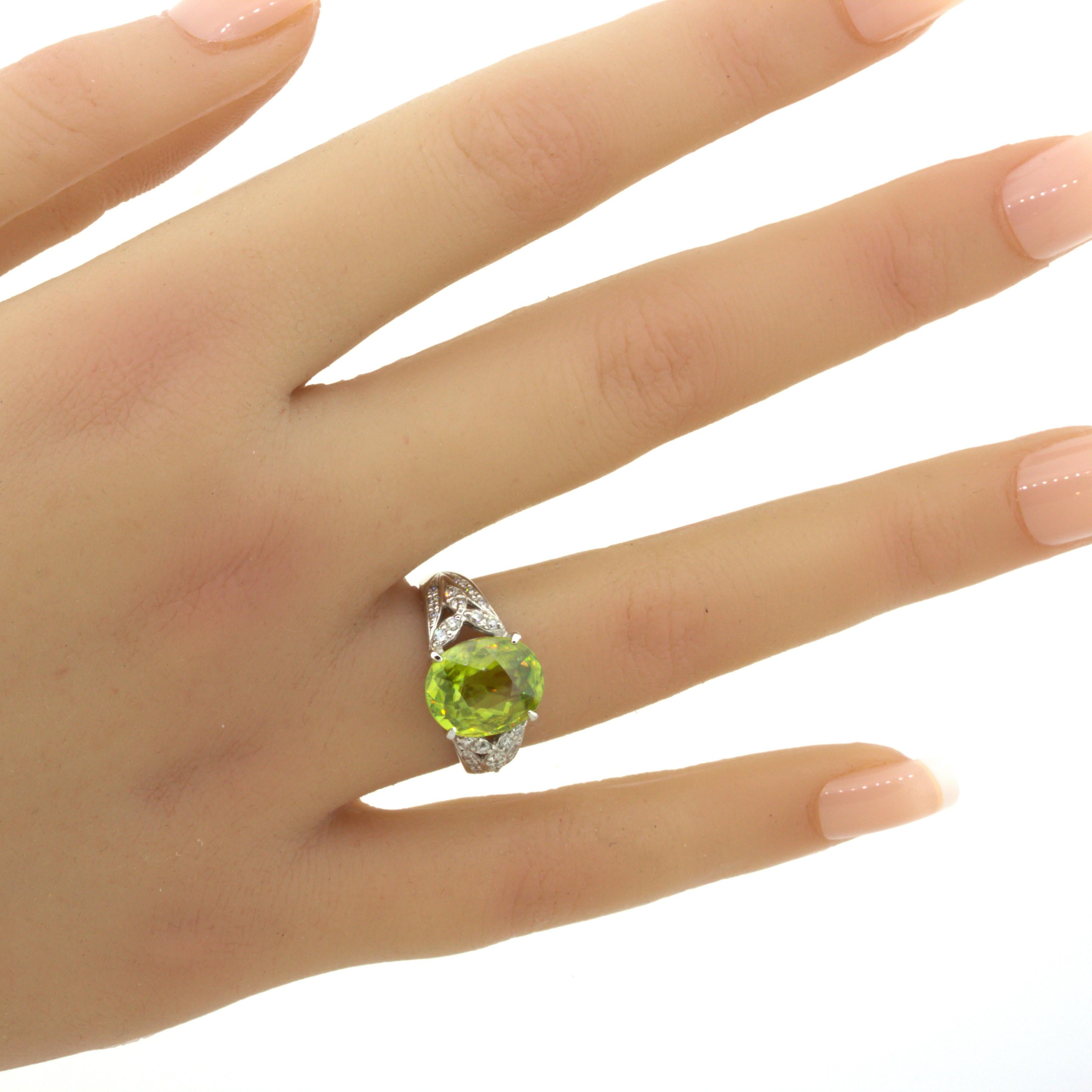 4.85 Carat Sphene Diamond Platinum Floral Ring For Sale 7