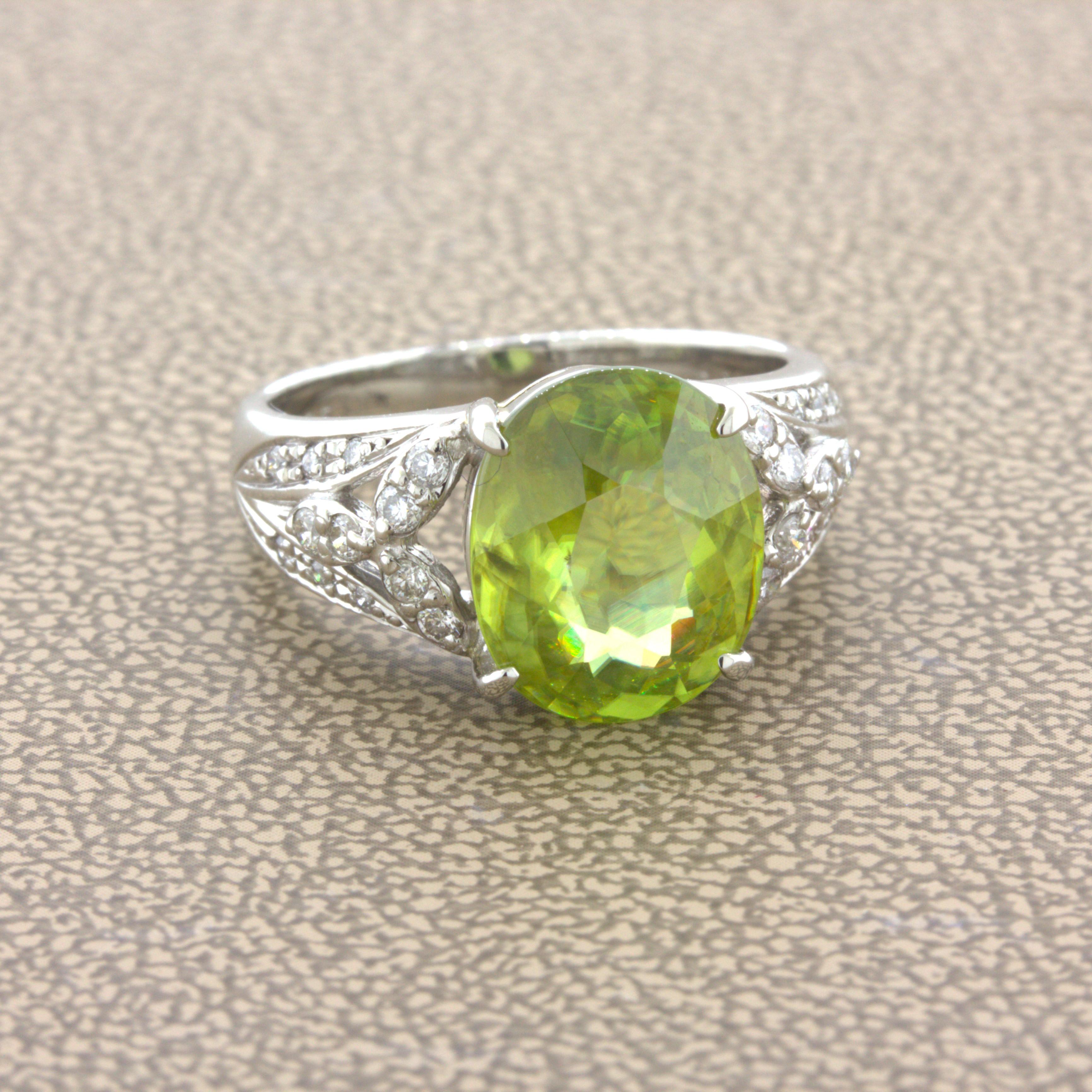 Oval Cut 4.85 Carat Sphene Diamond Platinum Floral Ring For Sale