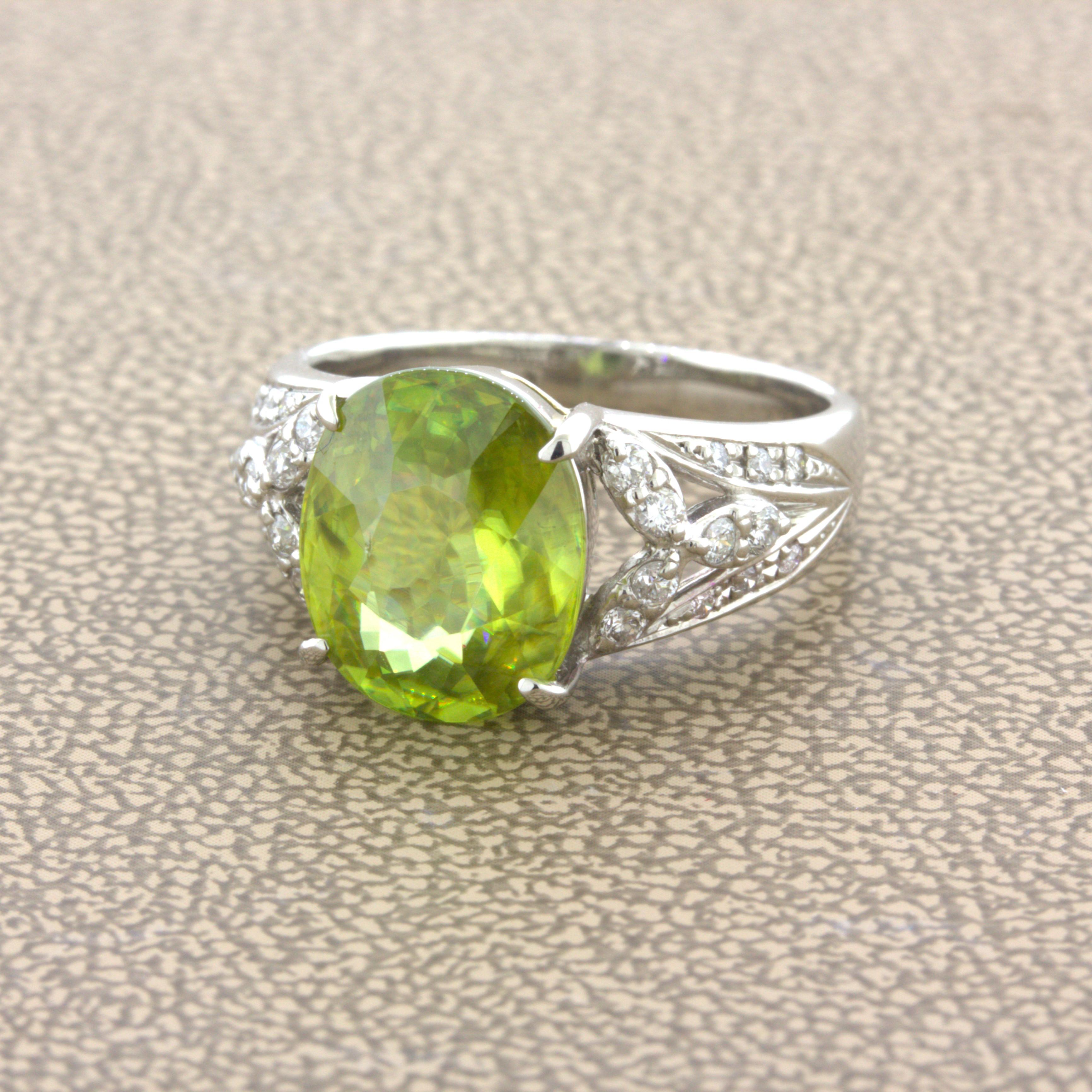 4.85 Carat Sphene Diamond Platinum Floral Ring In New Condition For Sale In Beverly Hills, CA