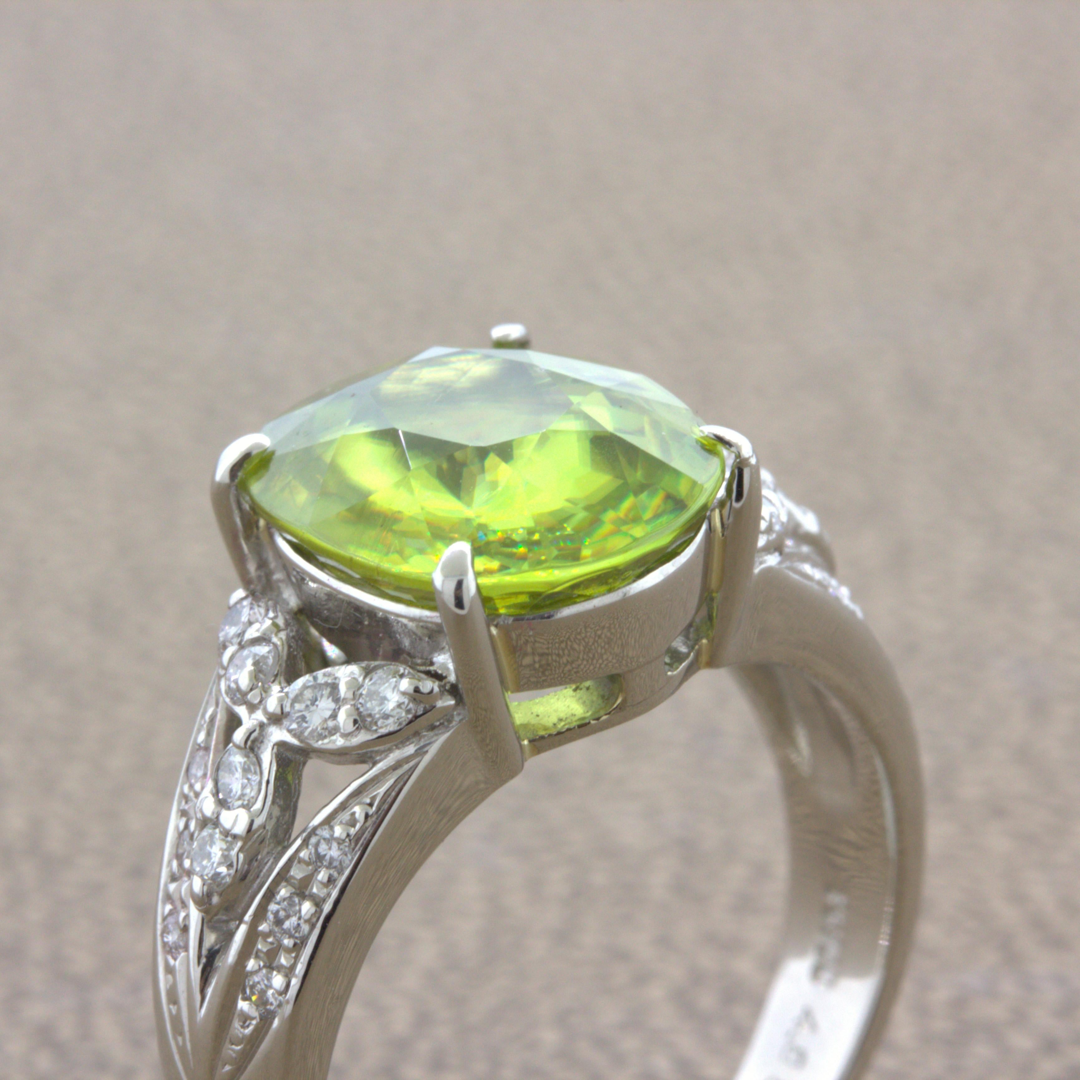 4.85 Carat Sphene Diamond Platinum Floral Ring For Sale 1