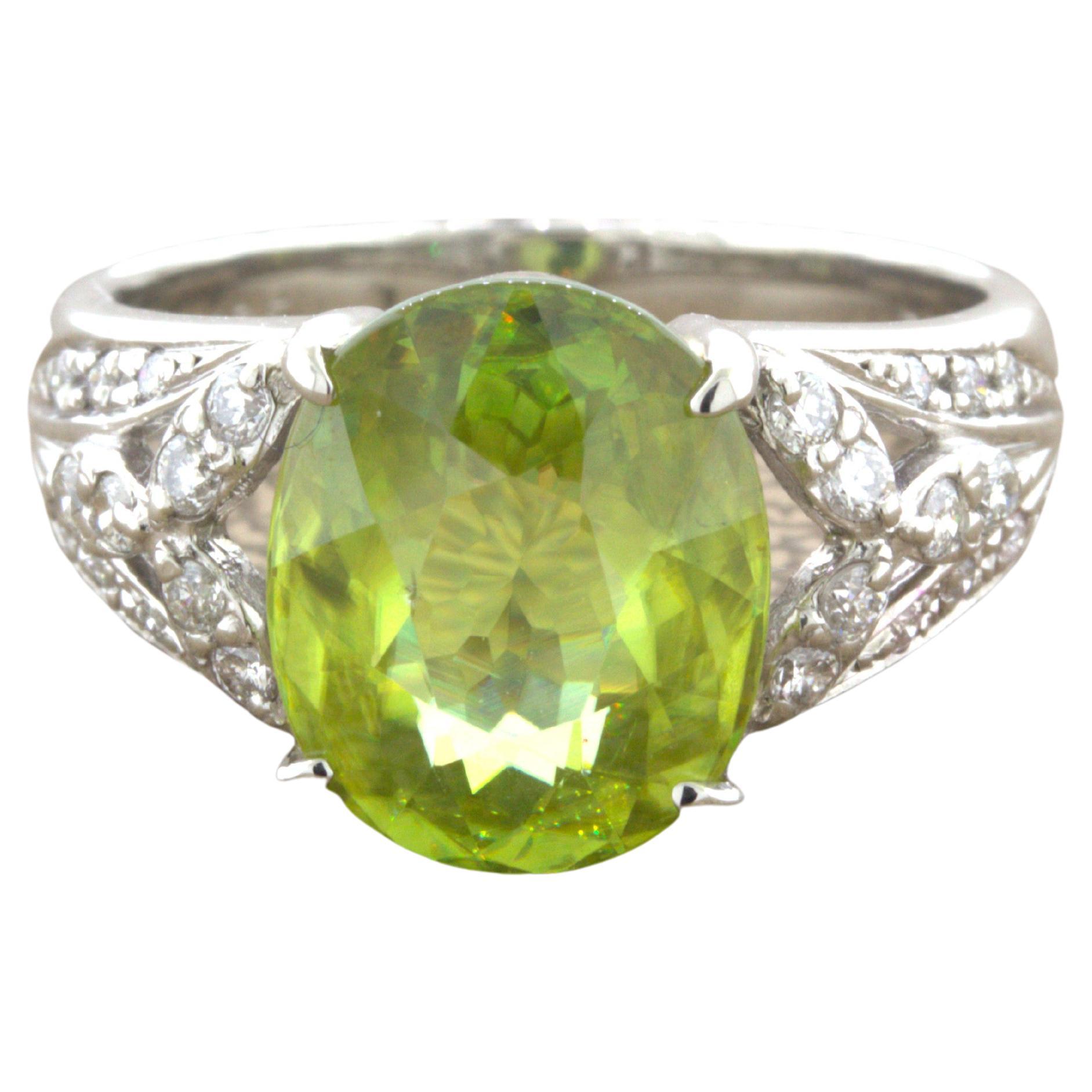 4.85 Carat Sphene Diamond Platinum Floral Ring For Sale