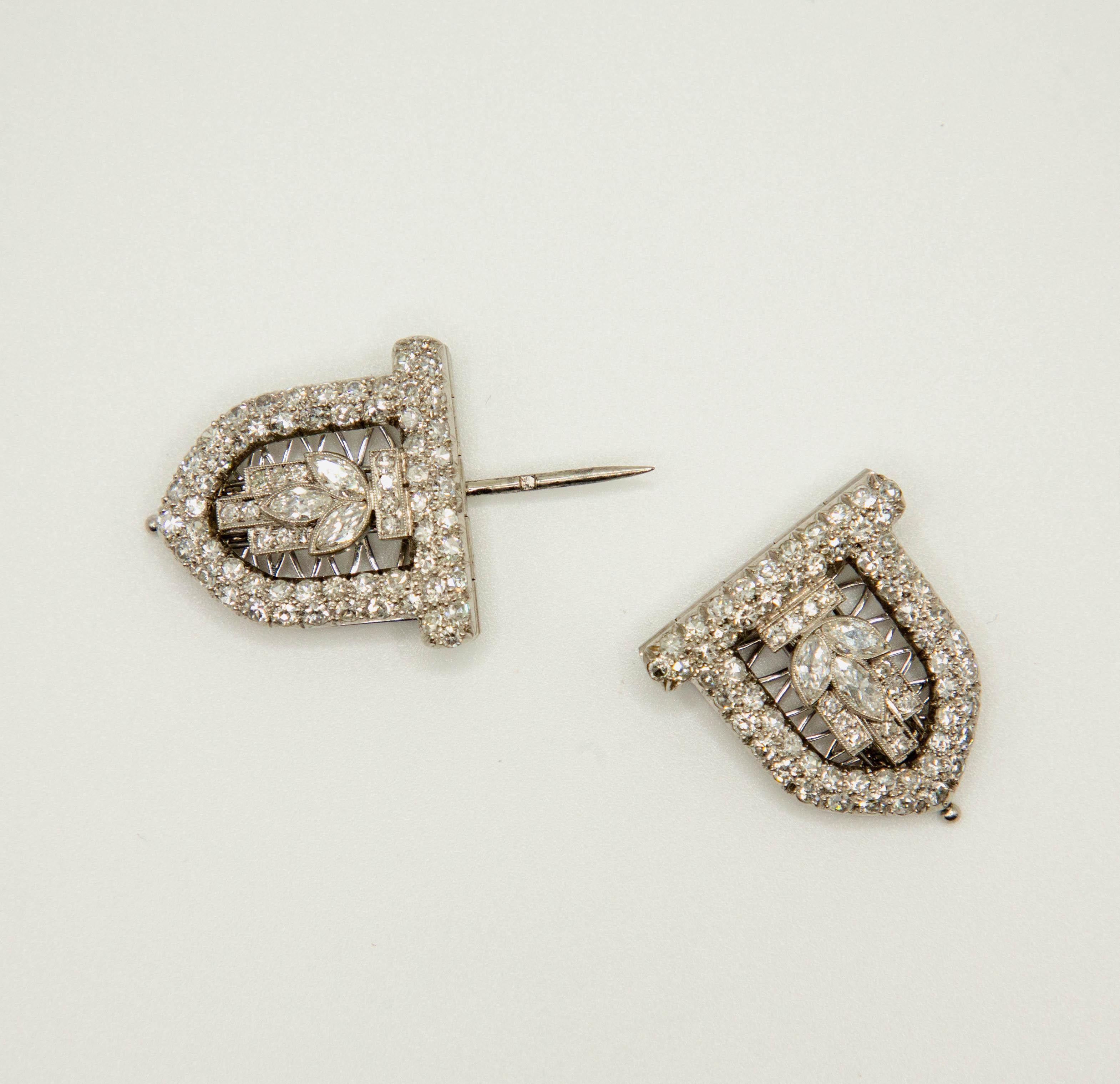 Handmade in 90/10 iridium platinum, a convertible brooch/ collar and shoe clips with six (6) marquise and 140 accent  single cut diamonds of excellent make and proportions. Diamonds range from VS- flawless clarity, E colour. Round diamonds are