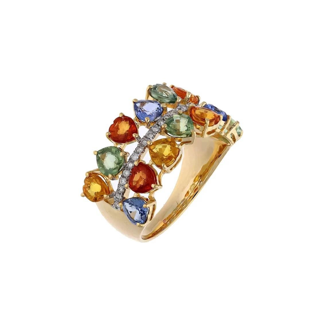 This exquisite ring is handcrafted in 18-karat gold. It is set in 4.85 carats rainbow sapphire and .12 carats of sparkling diamonds.

FOLLOW MEGHNA JEWELS storefront to view the latest collection & exclusive pieces. Meghna Jewels is proudly rated as