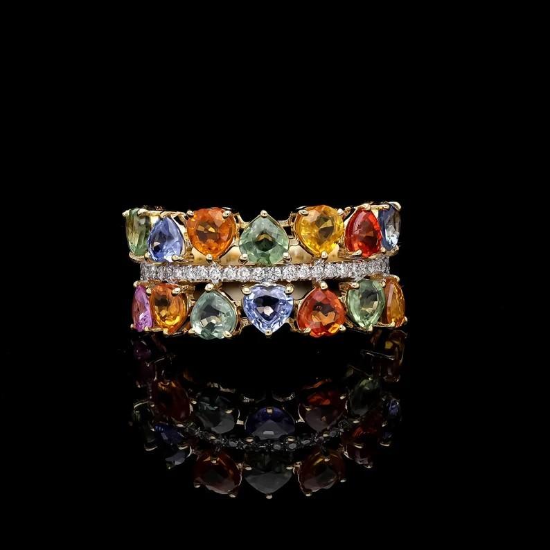 Modern 4.85 carats Heart Cut Rainbow Sapphire Diamond 18 Karat Gold Eternity Band Ring For Sale